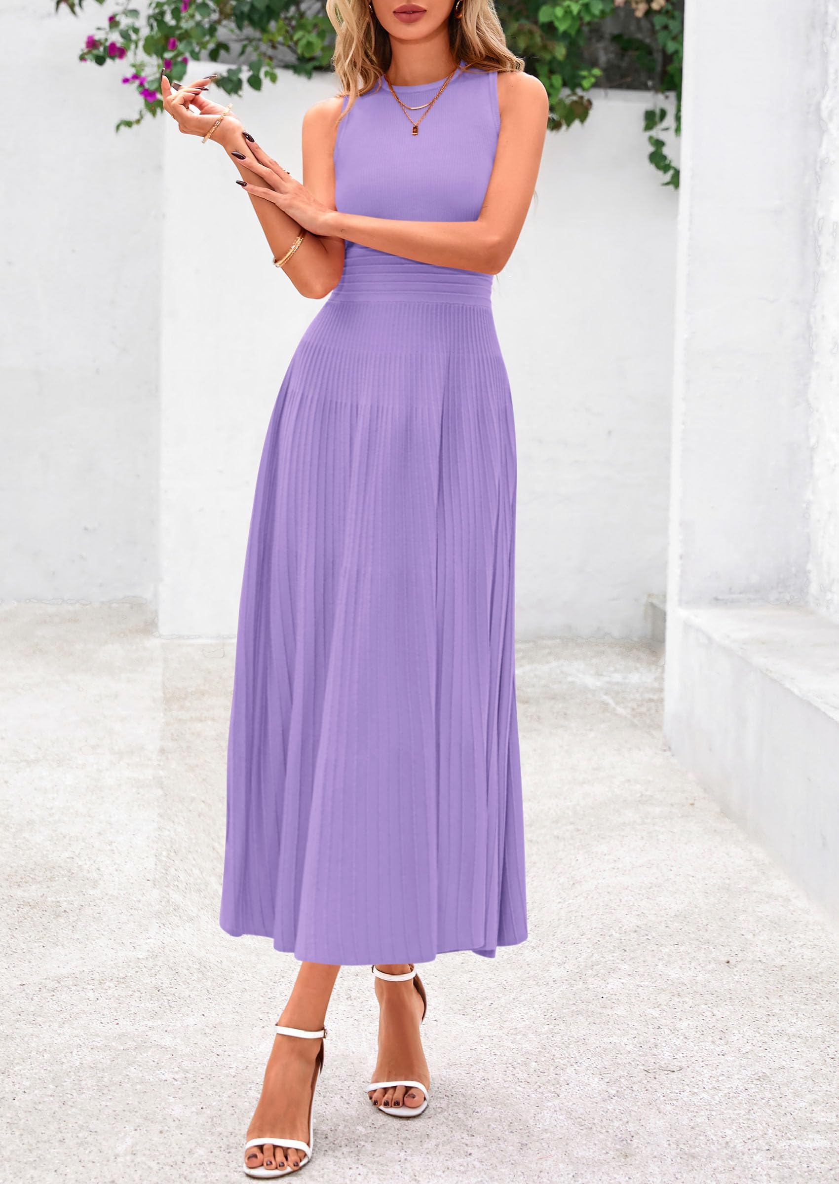Women's Summer Pleated Midi Work Dress,Purple,S