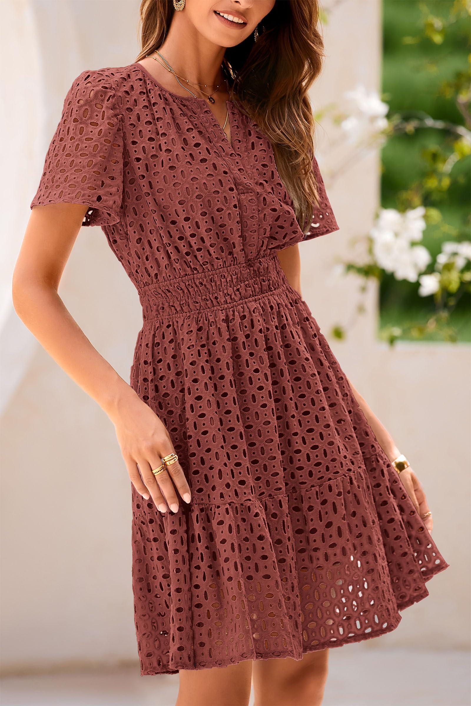 Womens 2025 Summer Short Dress V Neck Short Sleeve A Line Hollow Out Lace Ruffle Cute Casual Beach Party Dresses (Brown Red,Small)