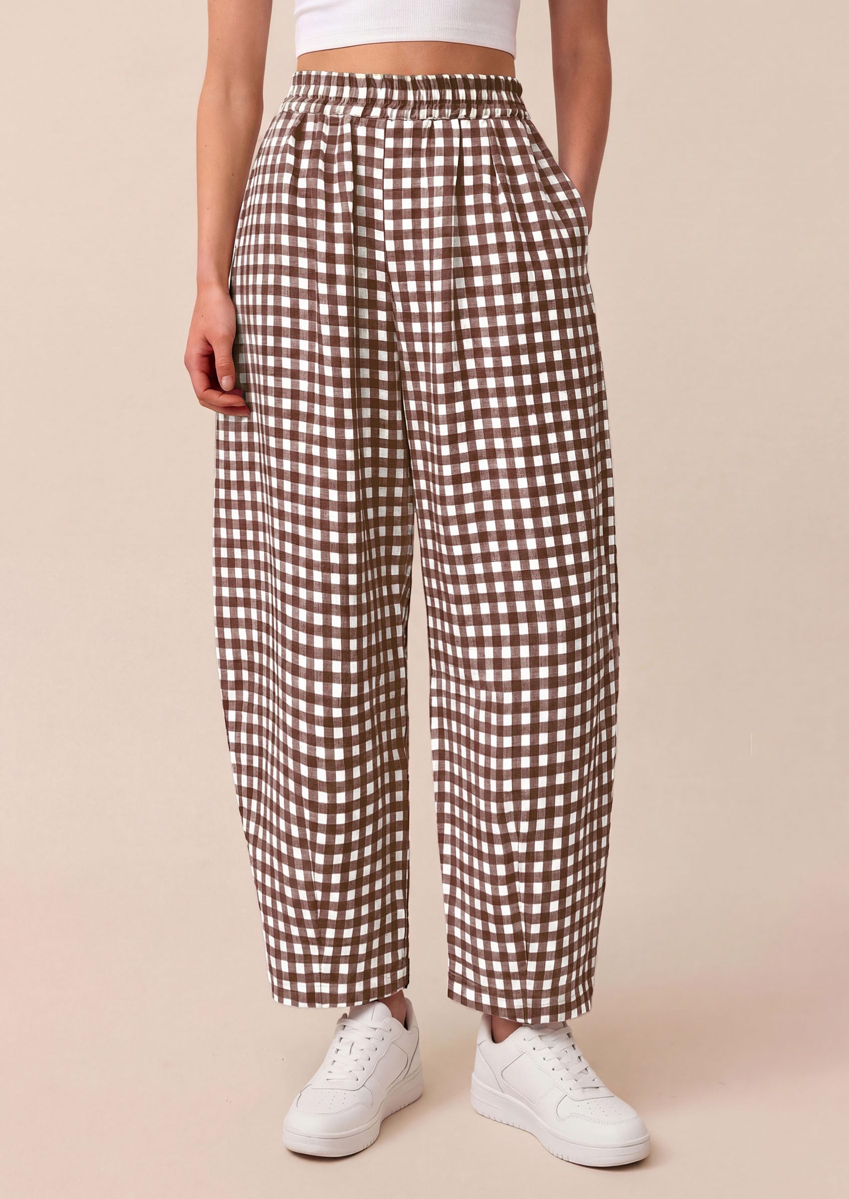 Plaid Barrel Pants Women Summer Bottoms, Brown Plaid,S