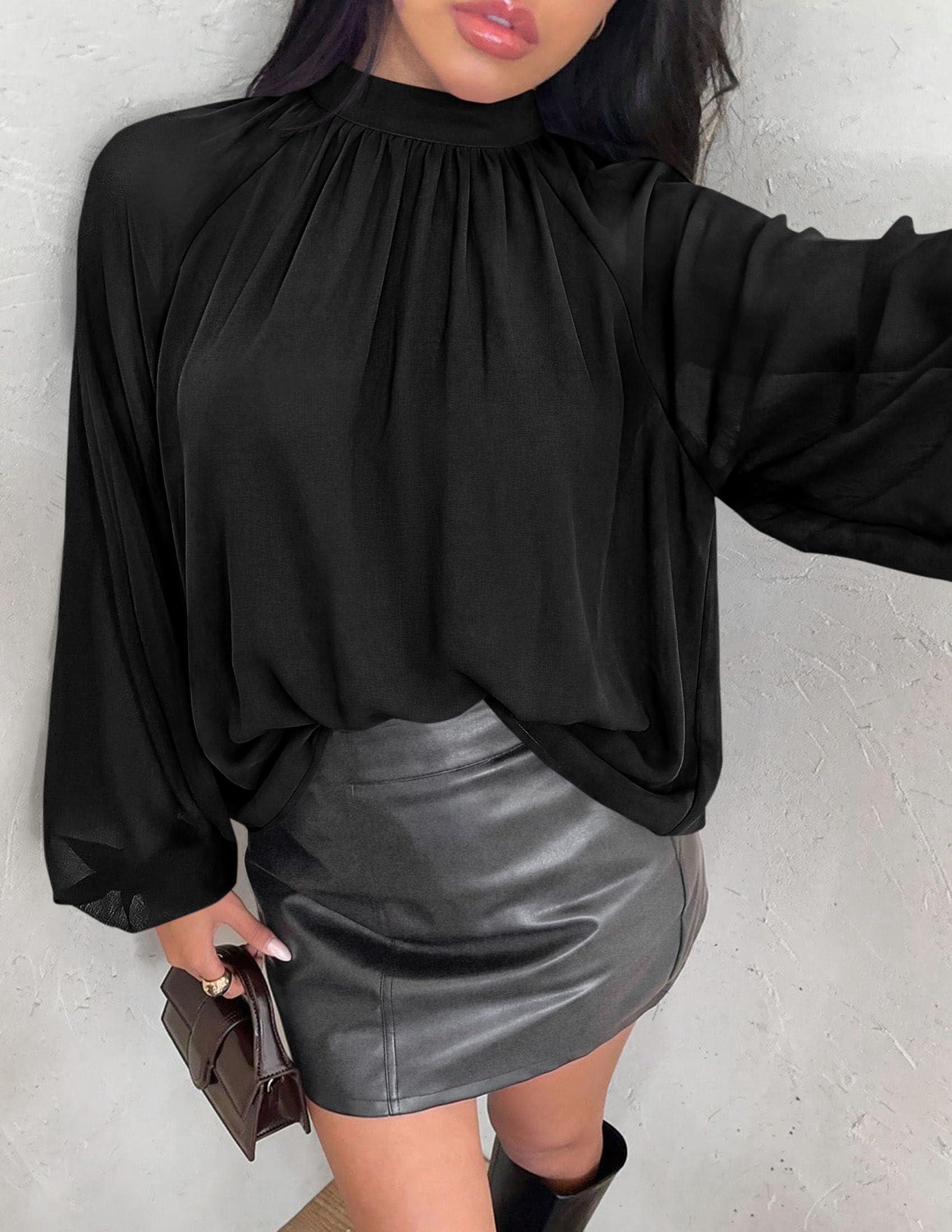 Chiffon Blouses for Women Dressy Casual Mock Neck Tops Black