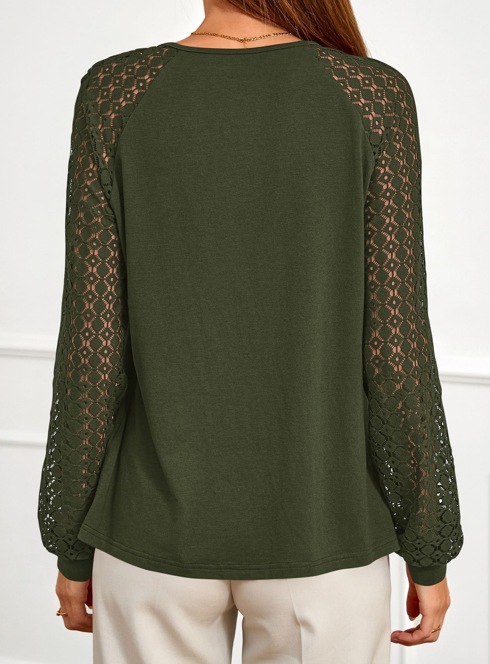 Women's Long Sleeve Shirts Fall Lace Tops,Army Green,S