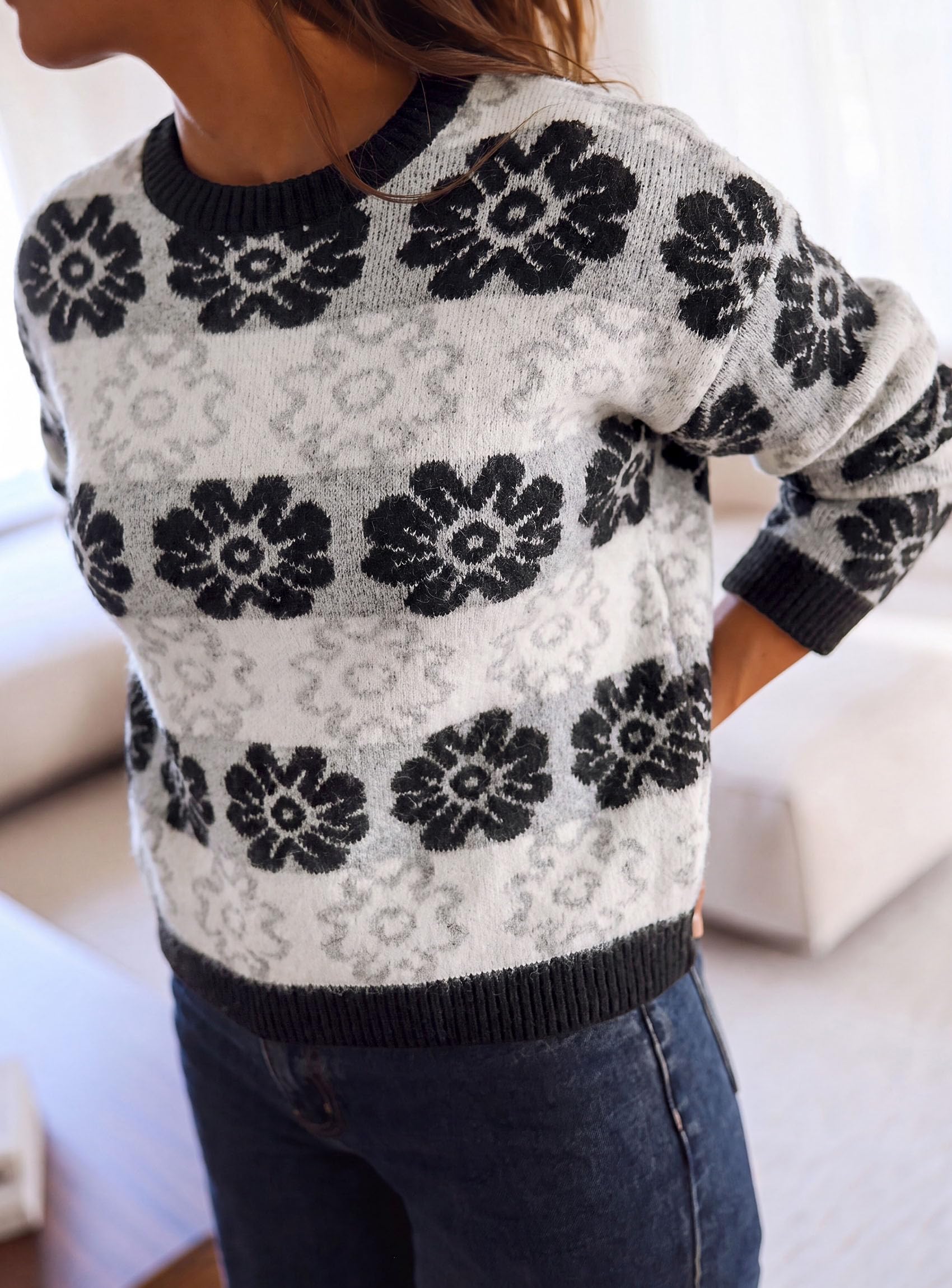 Women's Floral Crewneck Sweater Knit Pullover,Grey,S