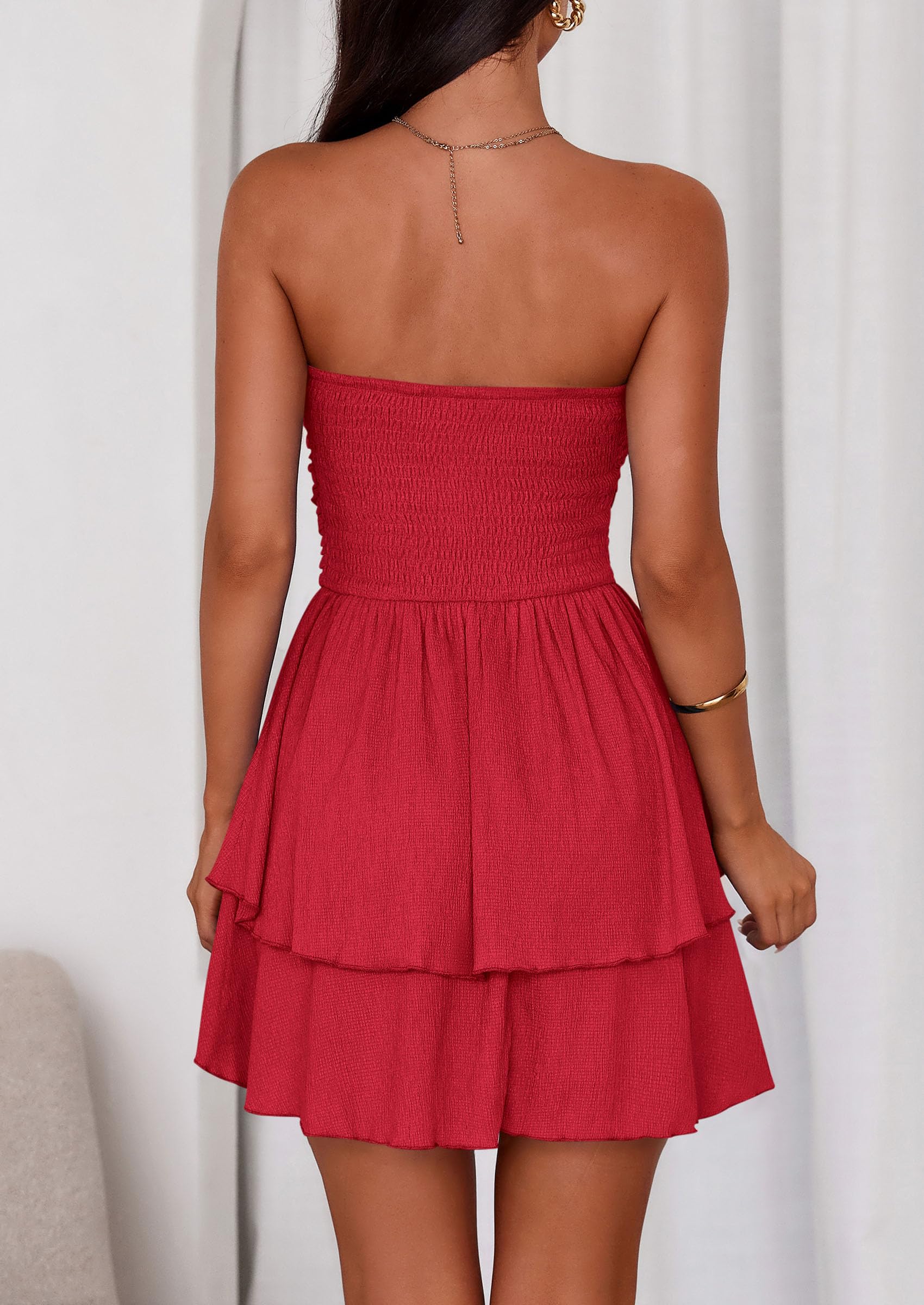Women's Summer Strapless Flowy Mini Dresses (Red,S)