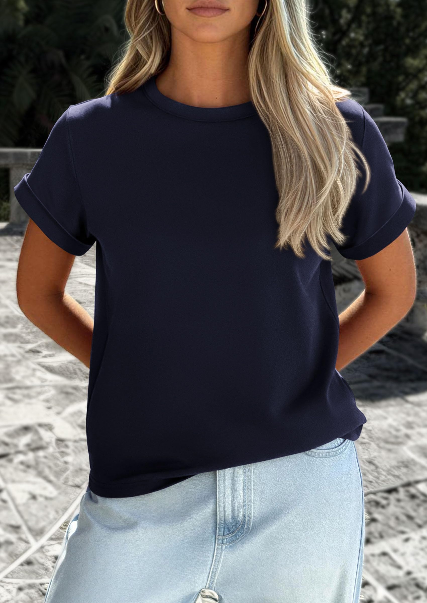 Womens Summer Tops Short Sleeve Shirts,Navy Blue,S