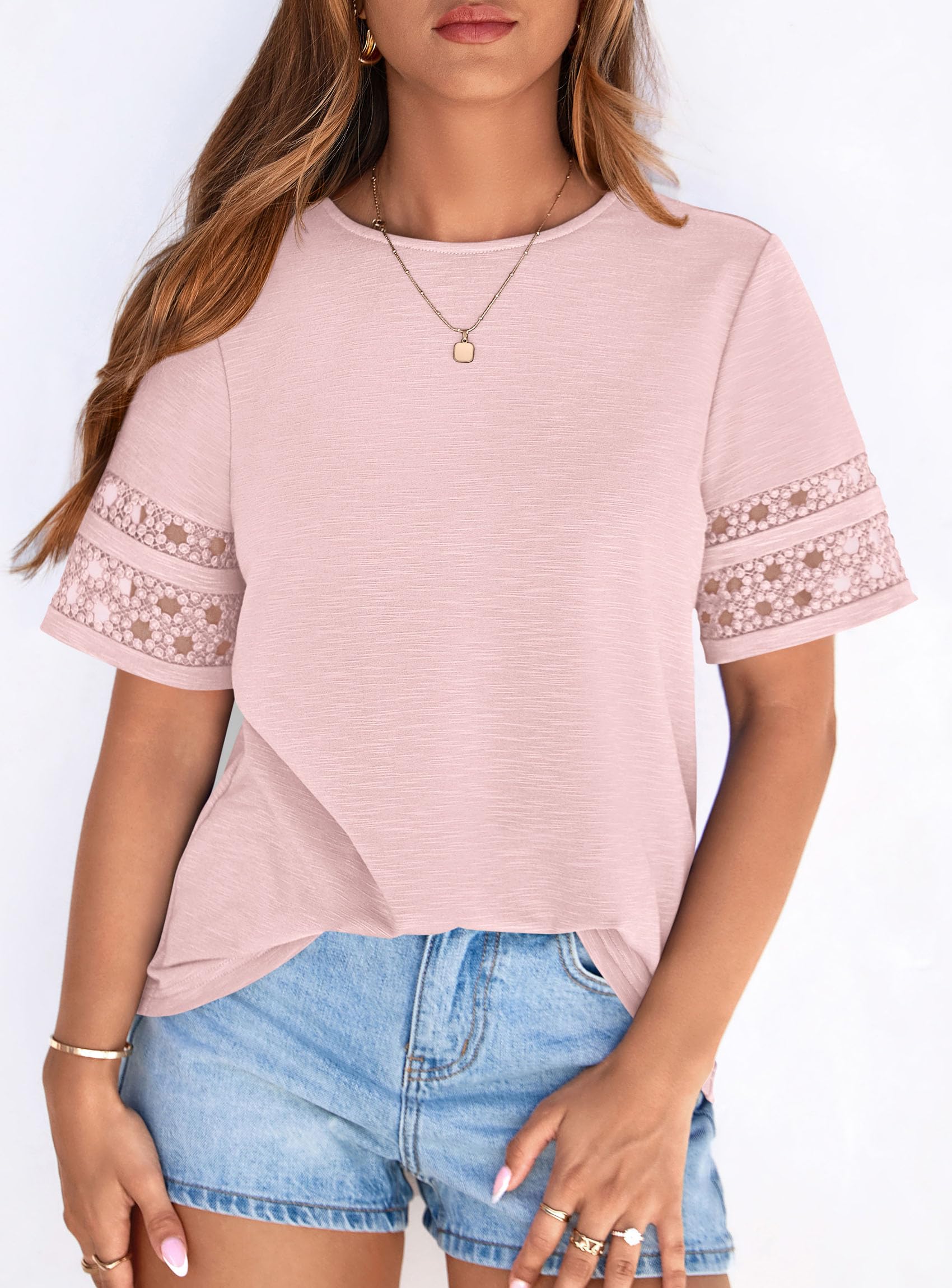 Women's Summer Short Sleeve Lace Trim T-Shirts,Pink,S