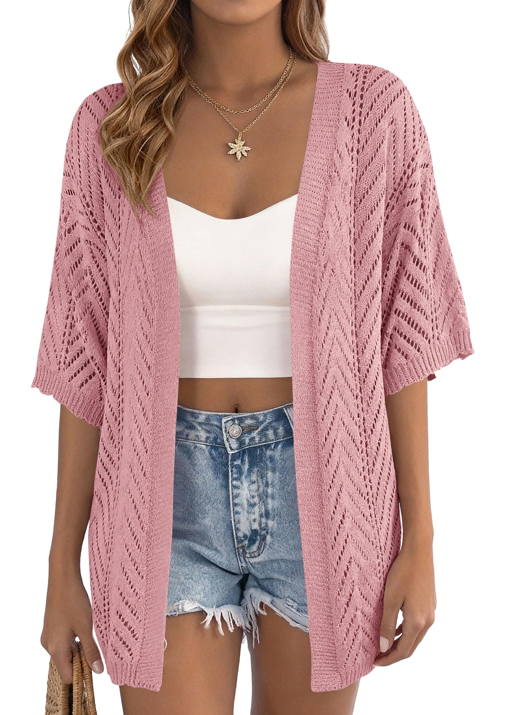 Women Lightweight Summer Short Sleeve Cardigan, Pink,S