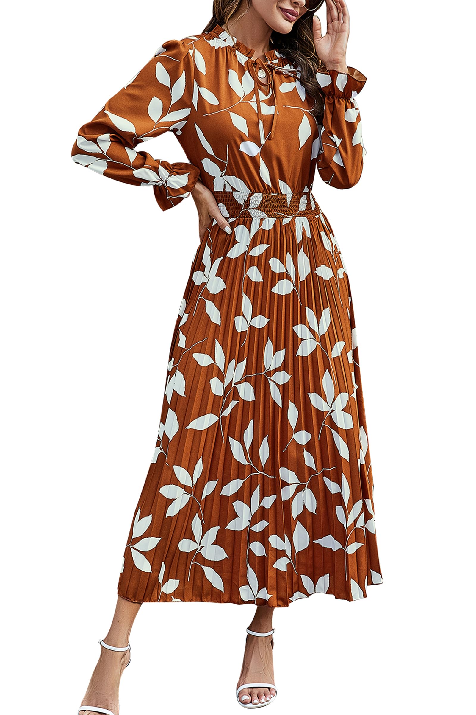 Women's Fall Midi Wedding Guest Dress(Brown Leaves,Small)