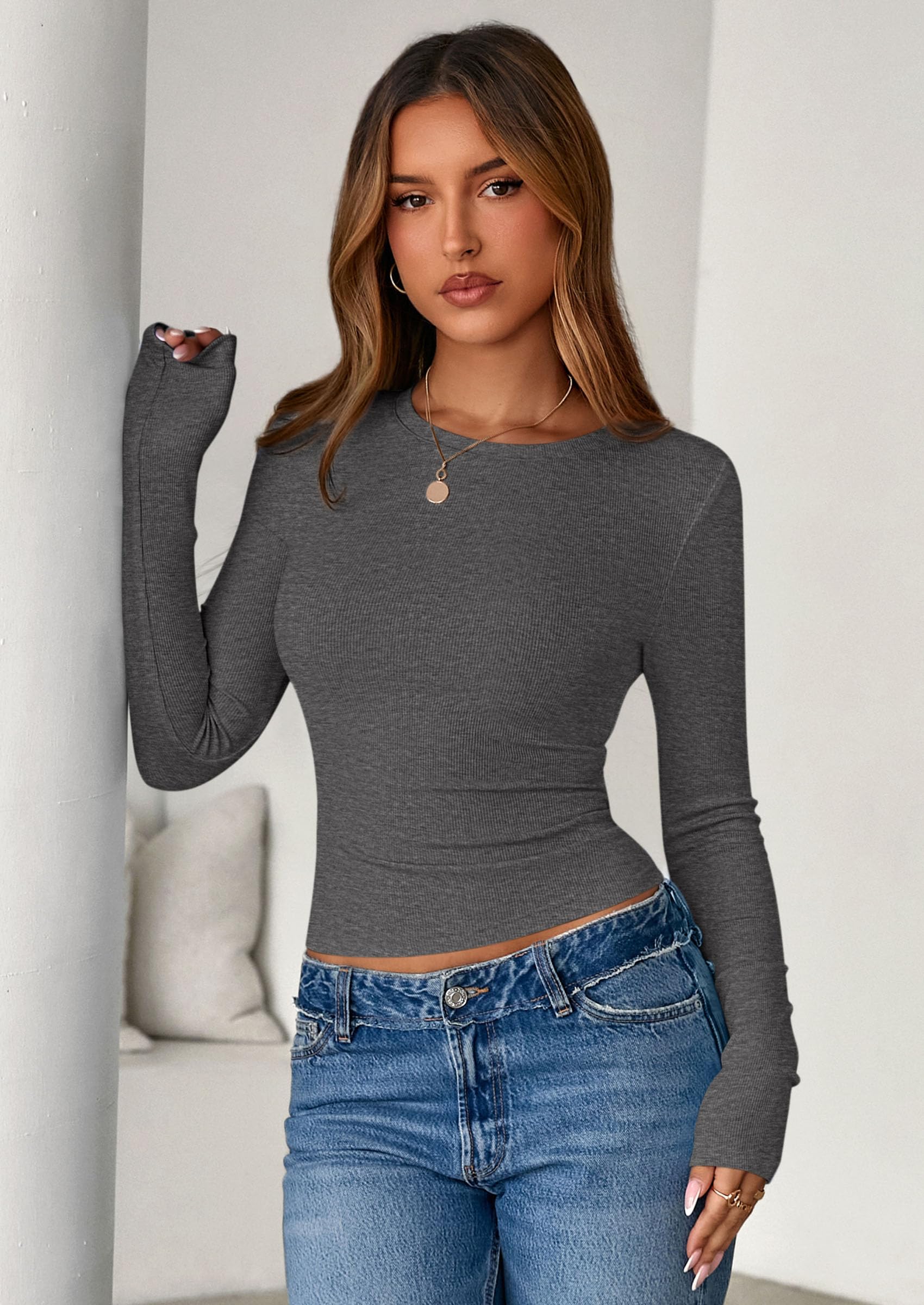 Women's Fall Long Sleeve Shirts Basic Tees (Charcoal,XS)