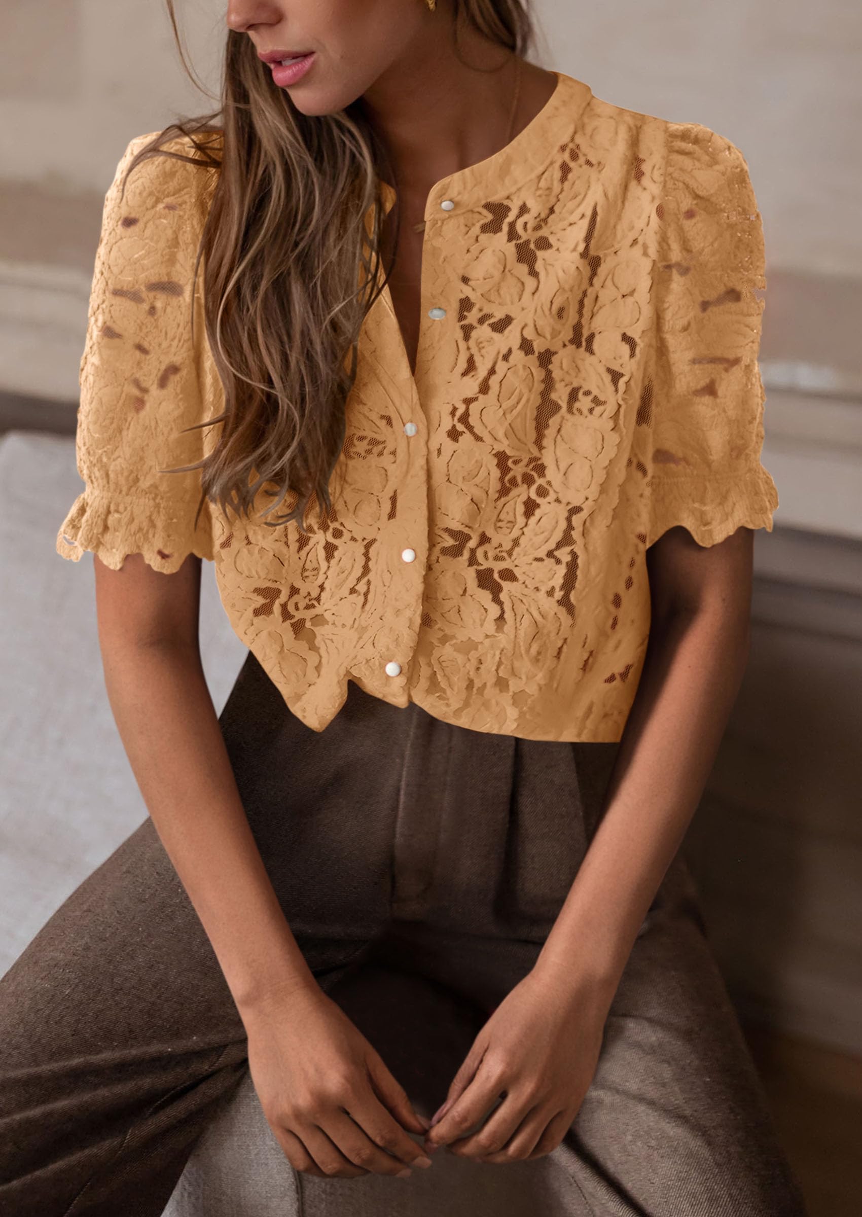 Womens Lace Tops Button Down Short Sleeve Shirts,Khaki,M