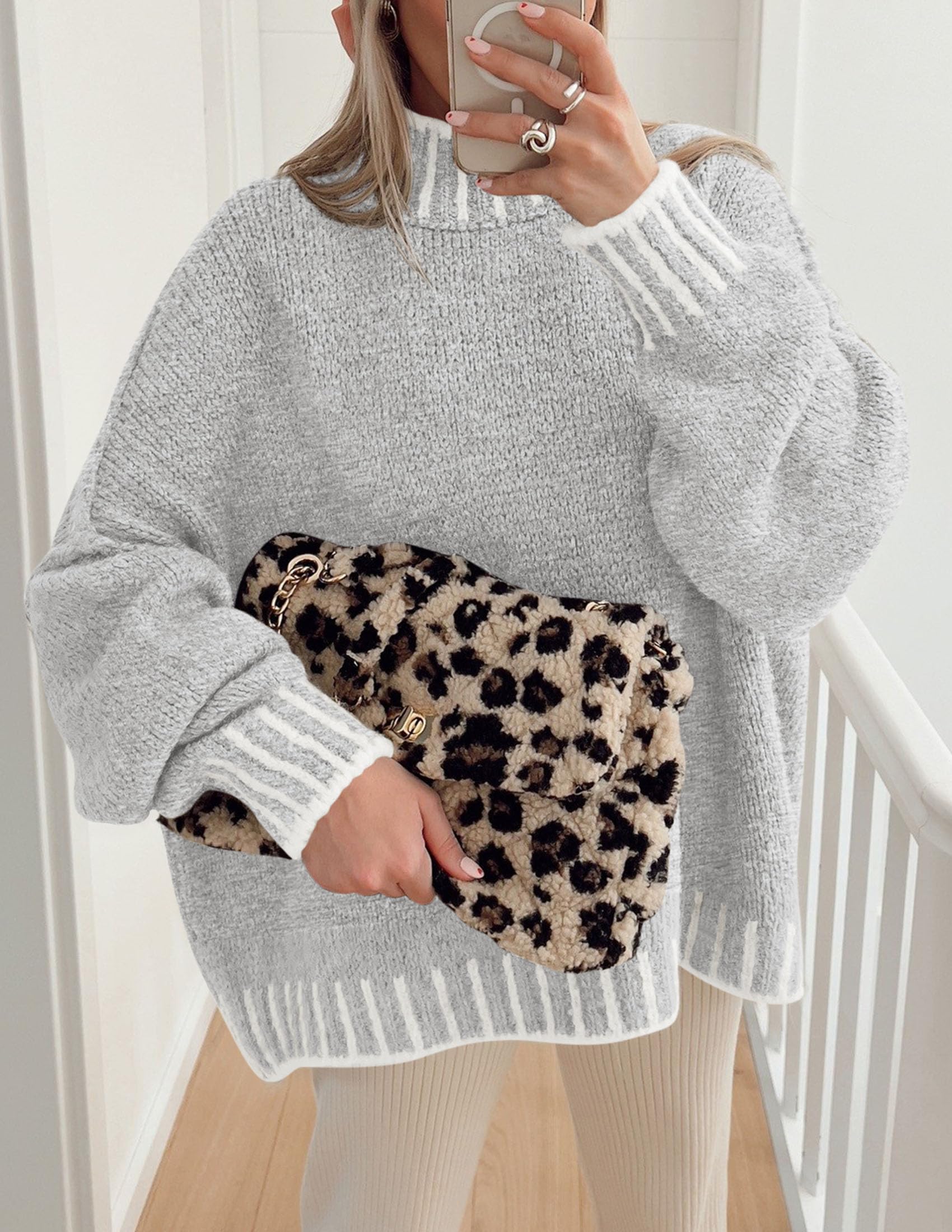 Women's Mock Neck Oversized Pullover Sweaters,Light Grey,XS