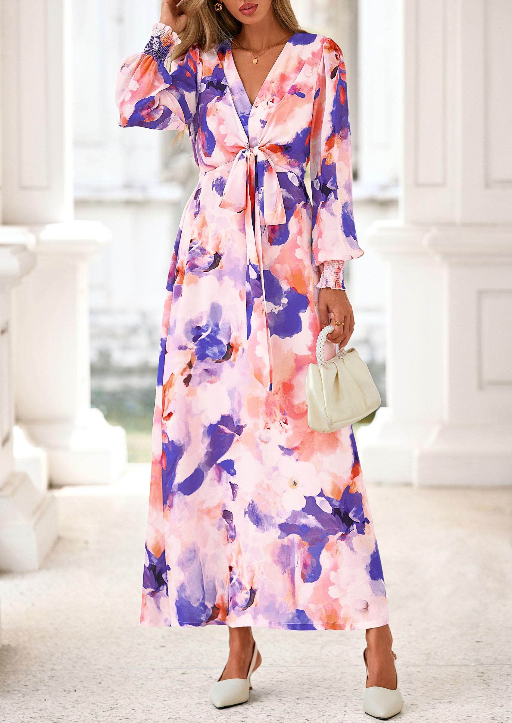 Women's Tie Waist Floral Maxi Dress,Floral Multicolored,S