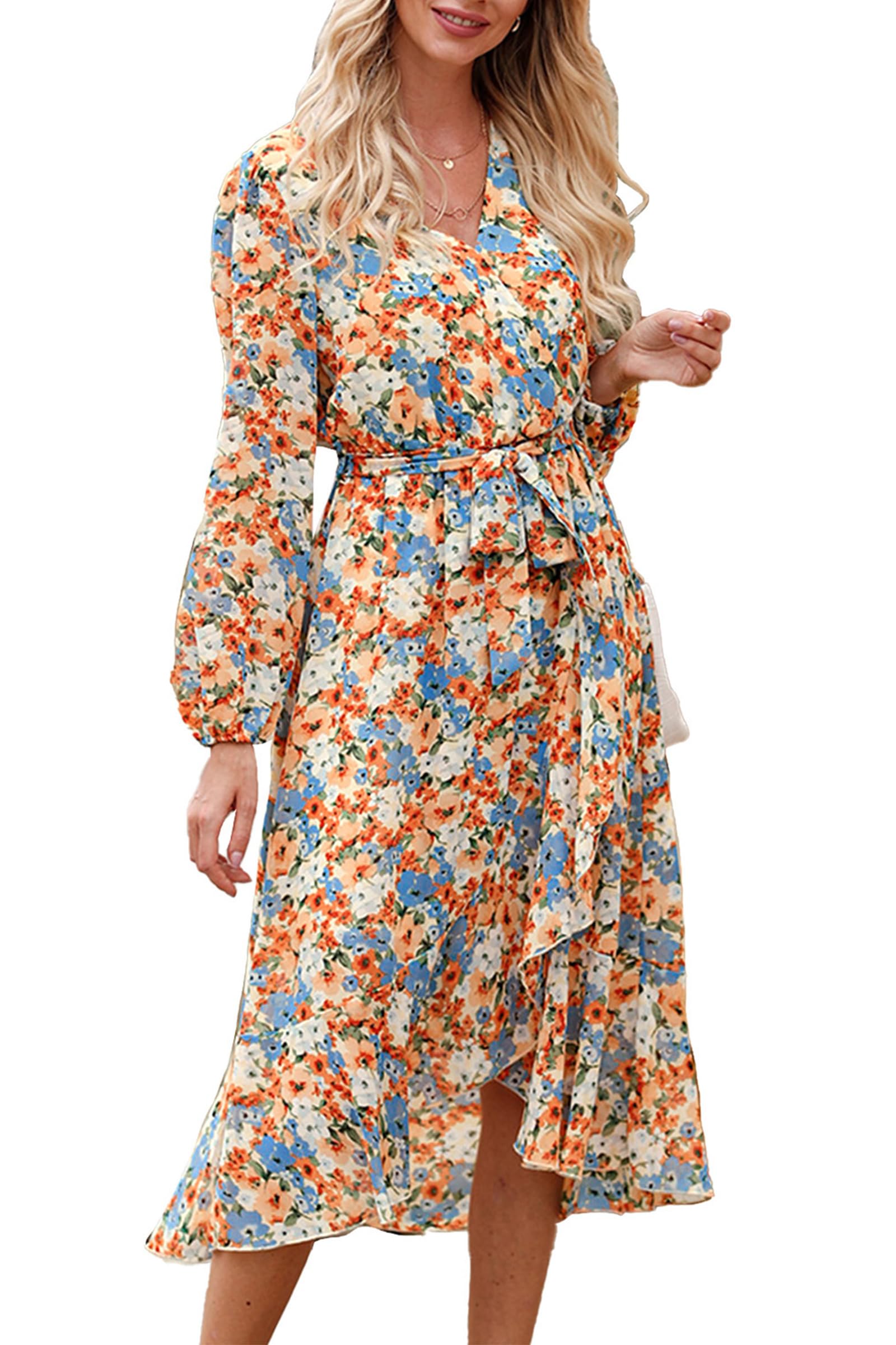 Women's Floral Boho Long Sleeve Maxi Dress, Floral Yellow,S