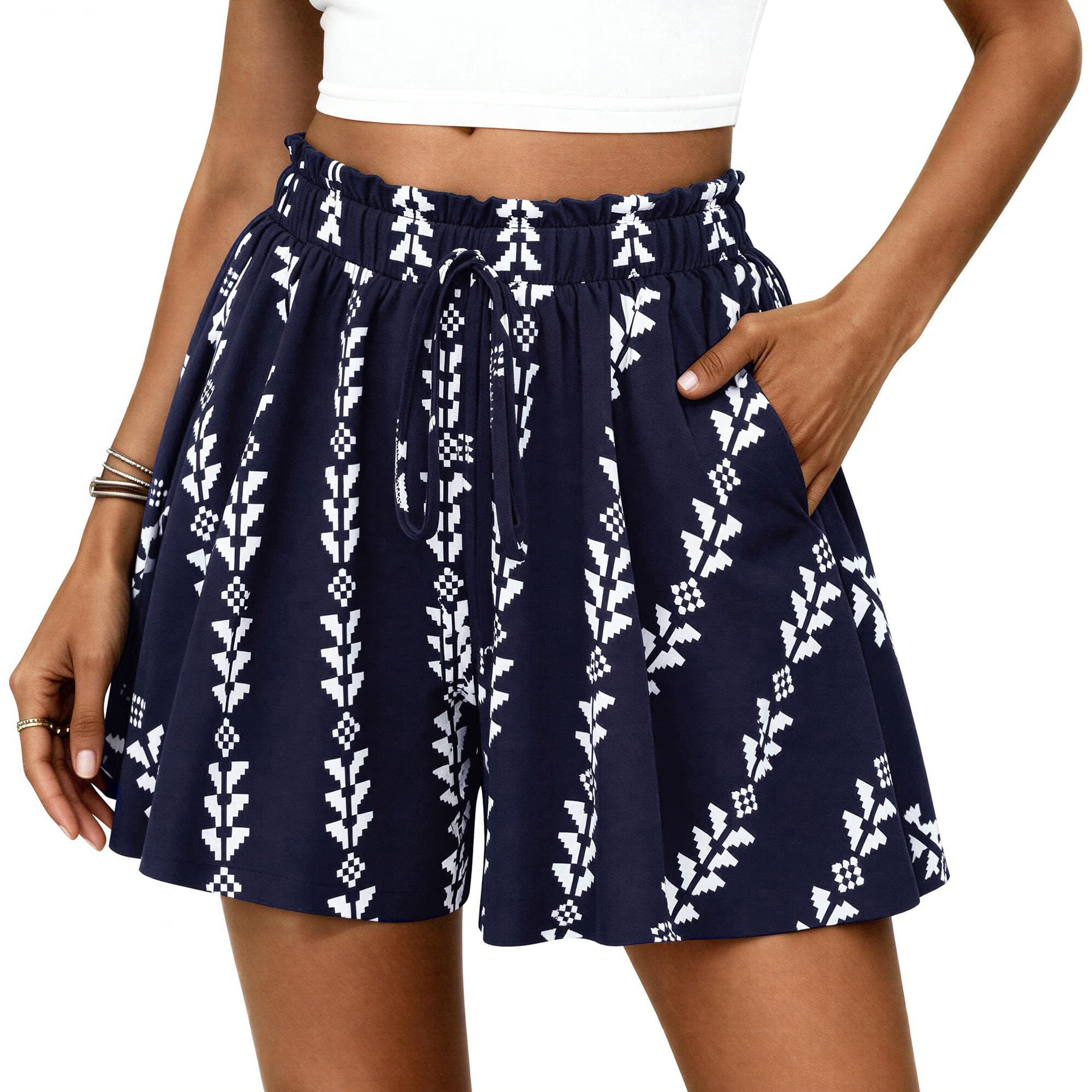 Women's Summer Wide Leg Flowy Shorts,Print Navy White,S