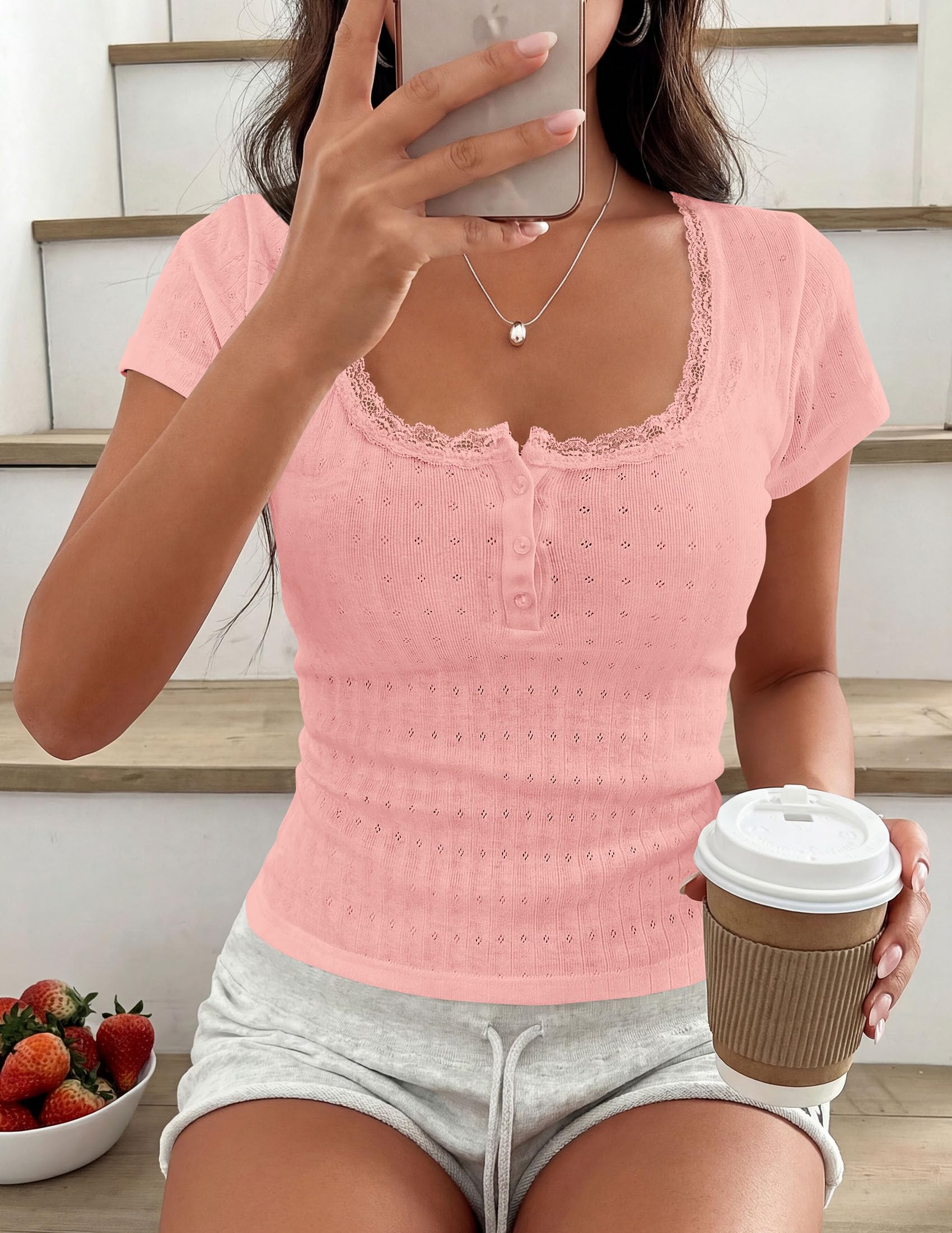 Womens Summer Lace Trim Short Sleeve Henley Top,Pink,S