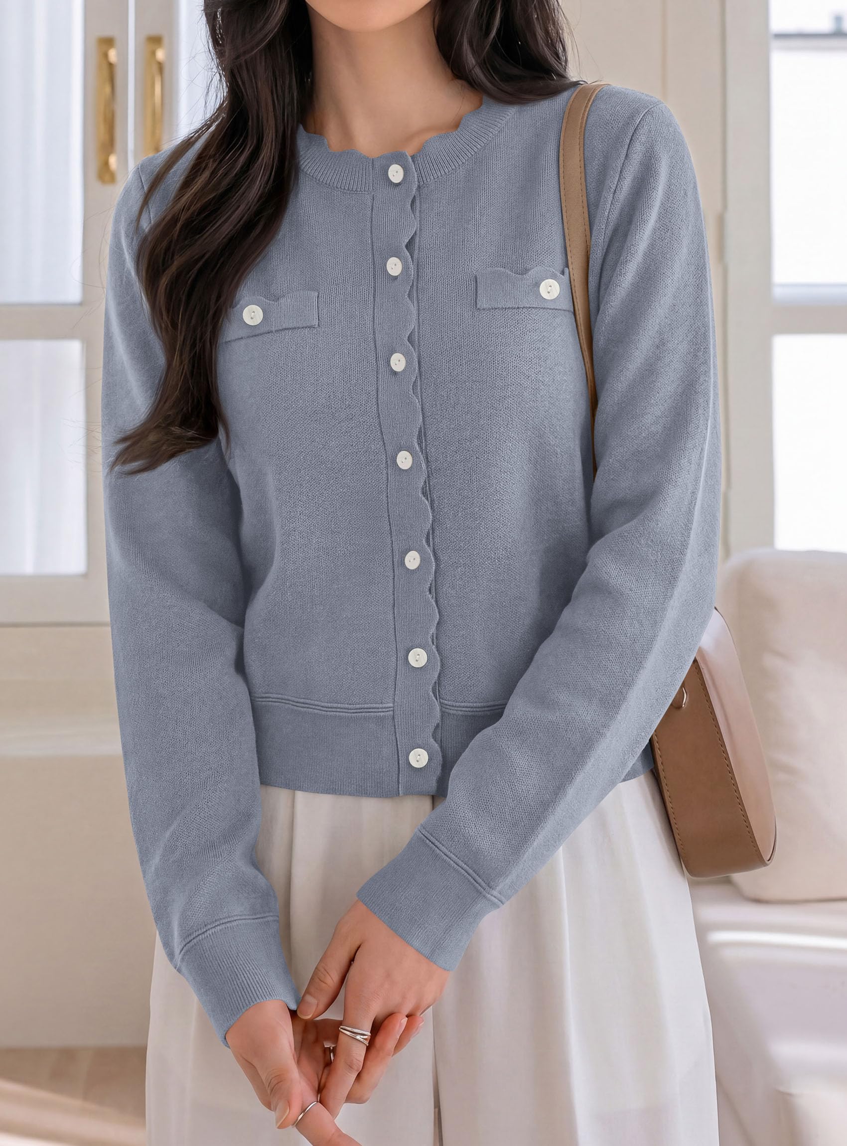 Womens Lightweight Cardigan Sweaters Scalloped Trim Fall Tops