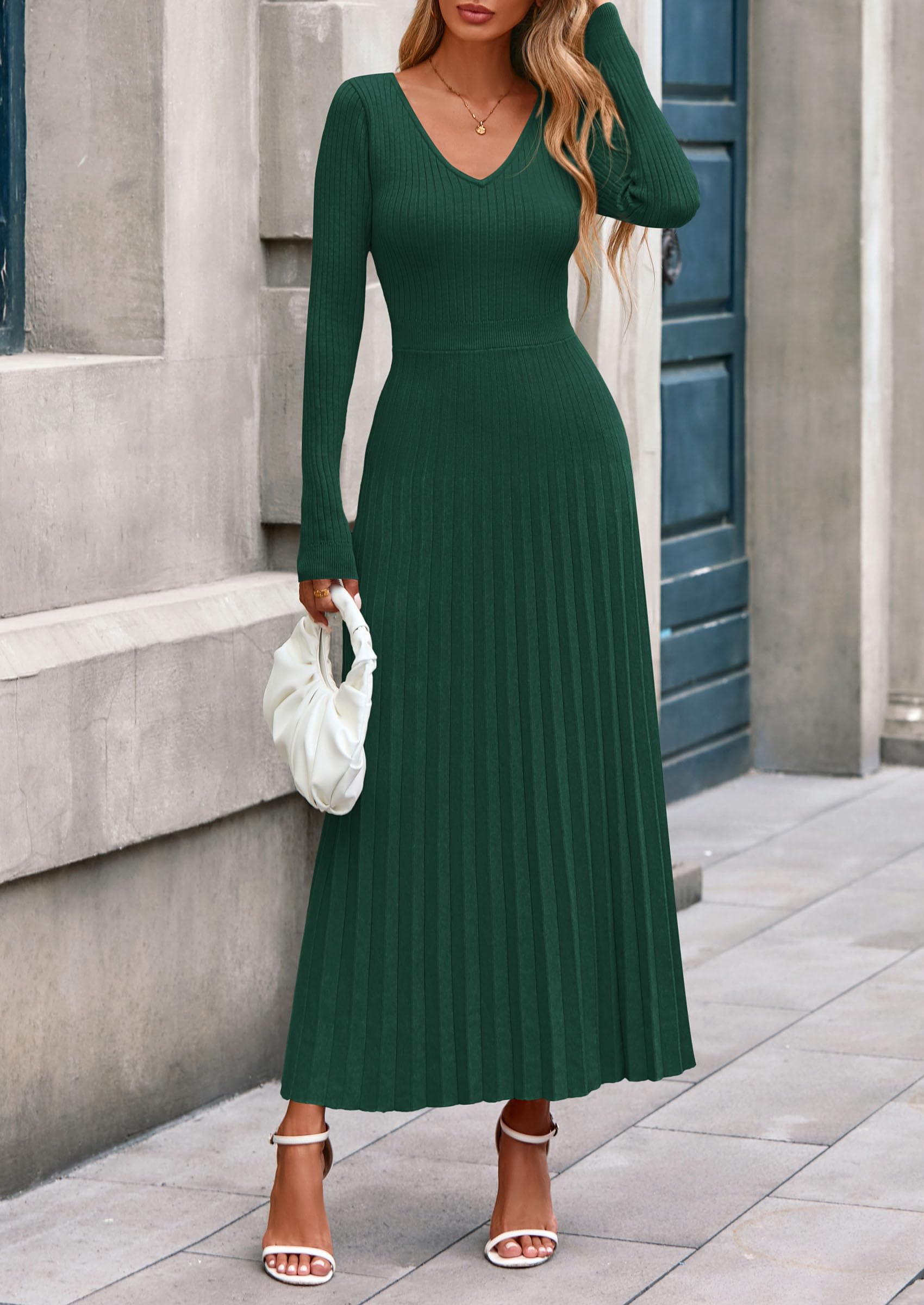 Sweater Dress Women Long Sleeve Maxi Flowy Pleated Dresses