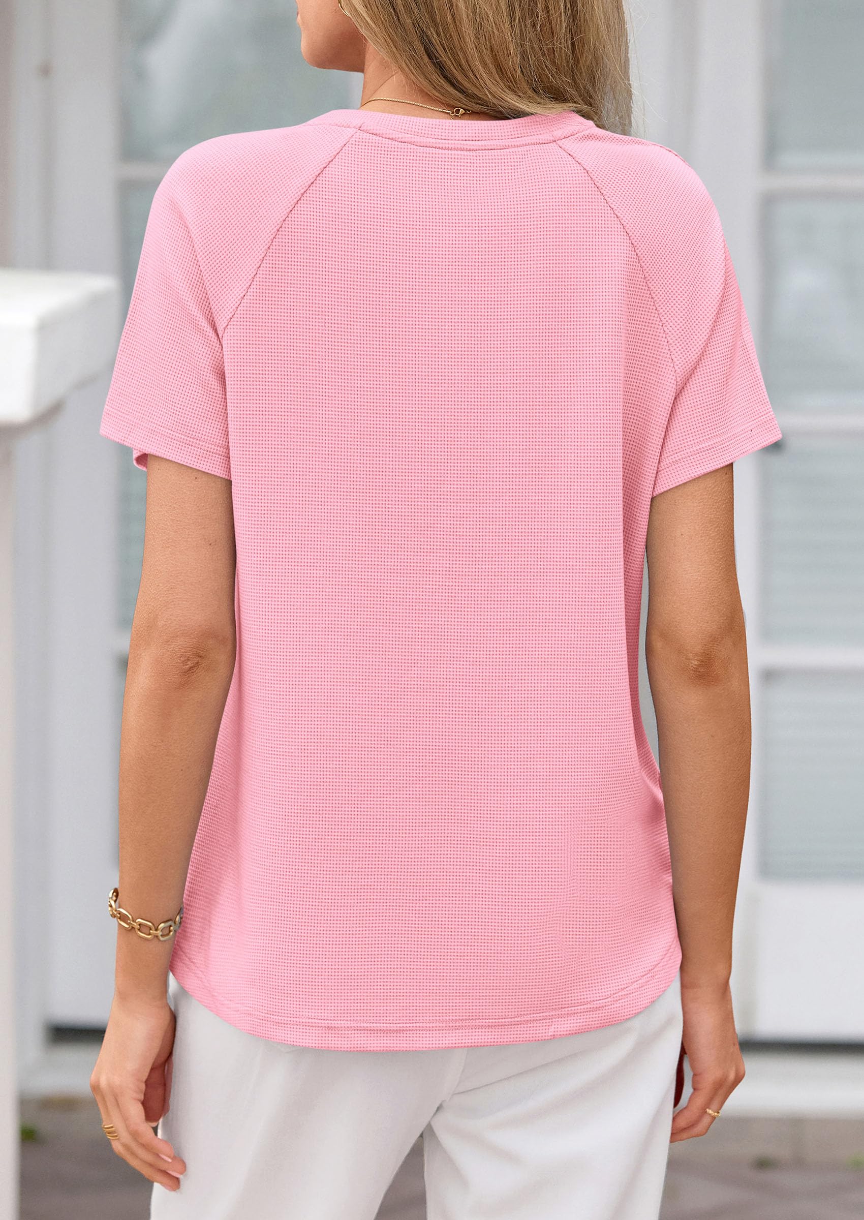Women's Short Sleeve Waffle Knit Henley Shirts, Light Pink,S