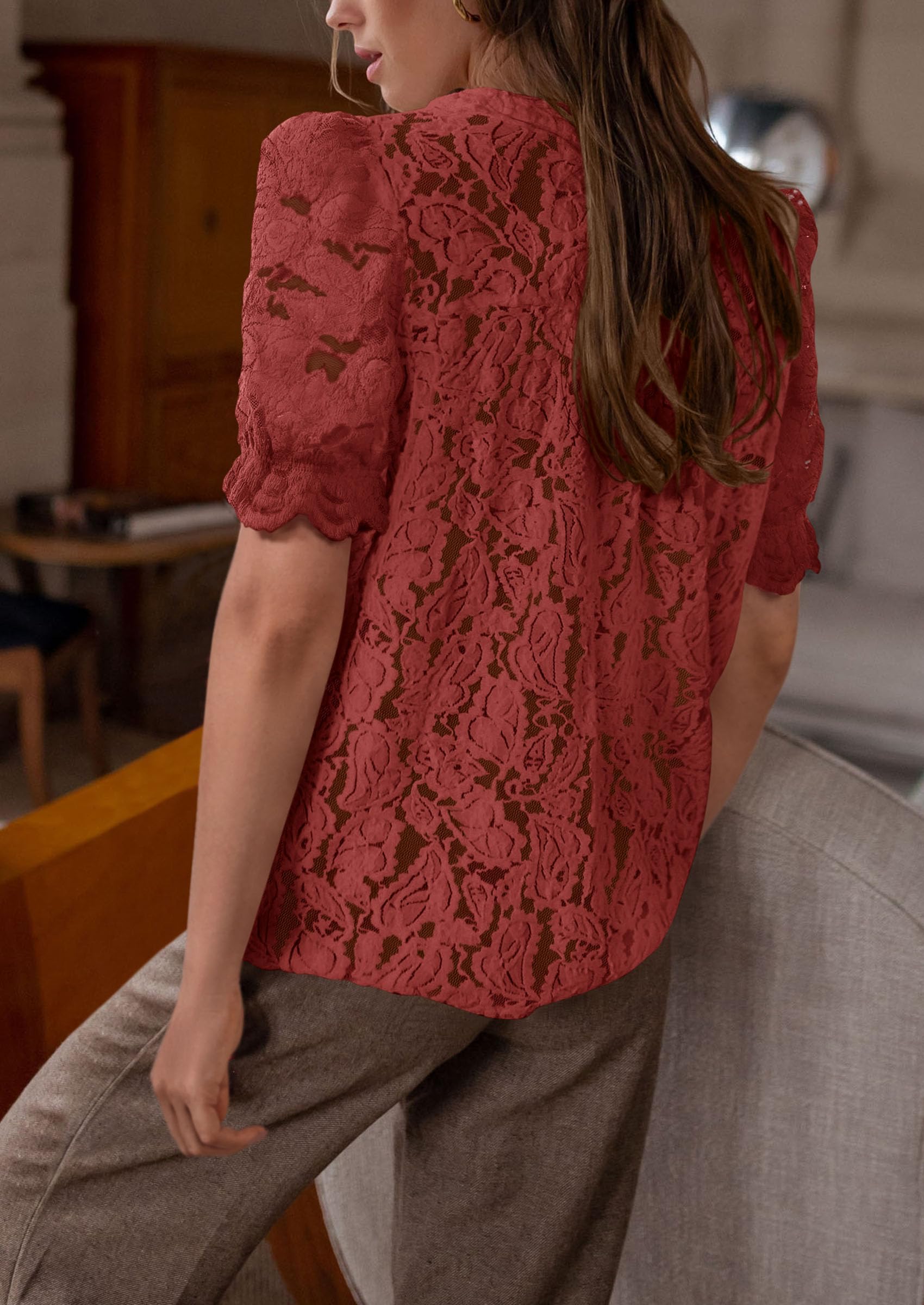 Womens Lace Tops Button Down Short Sleeve Shirts,Brown Red,S