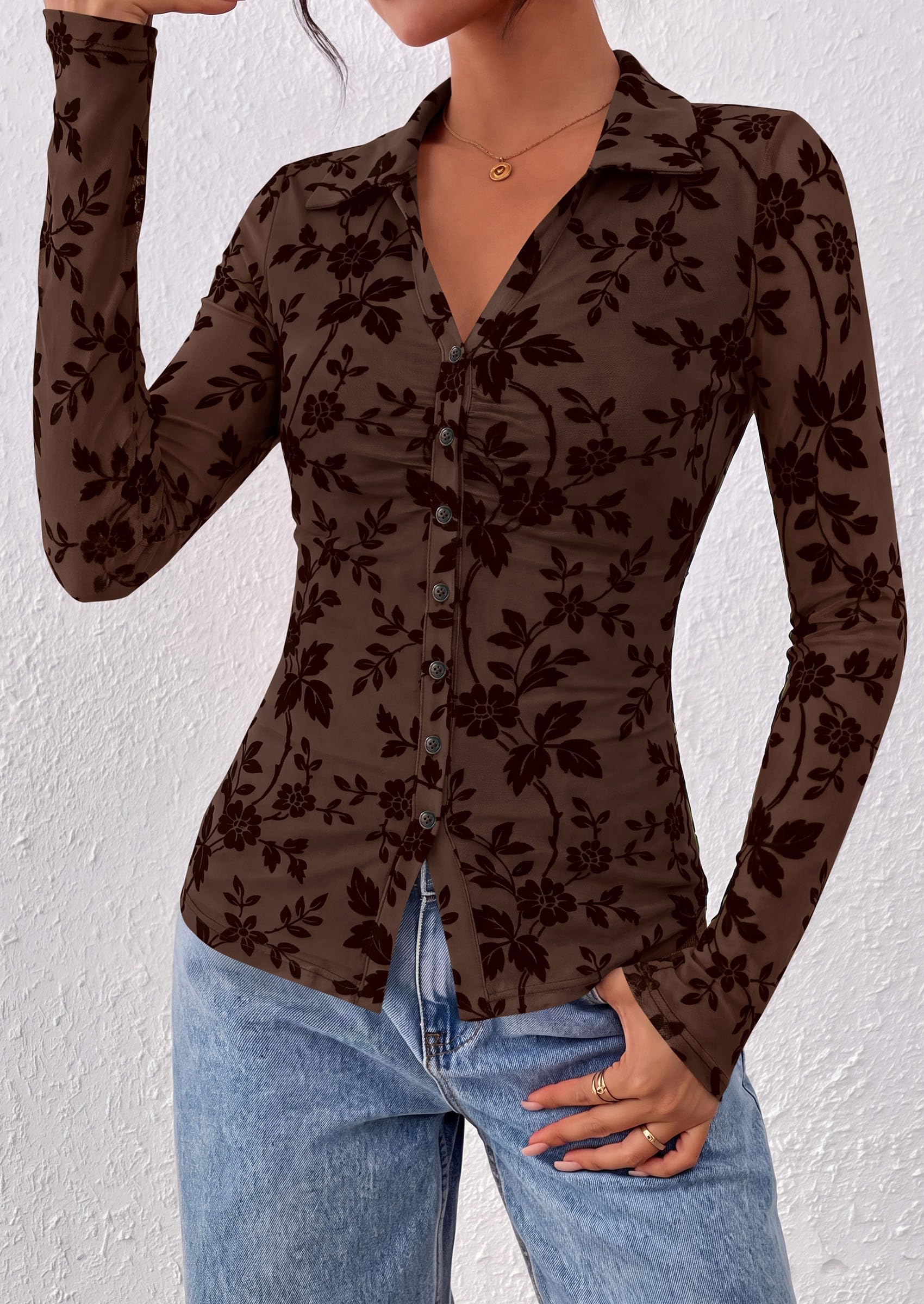 Women's Long Sleeve Floral Mesh Boho Tops Button Down Shirts