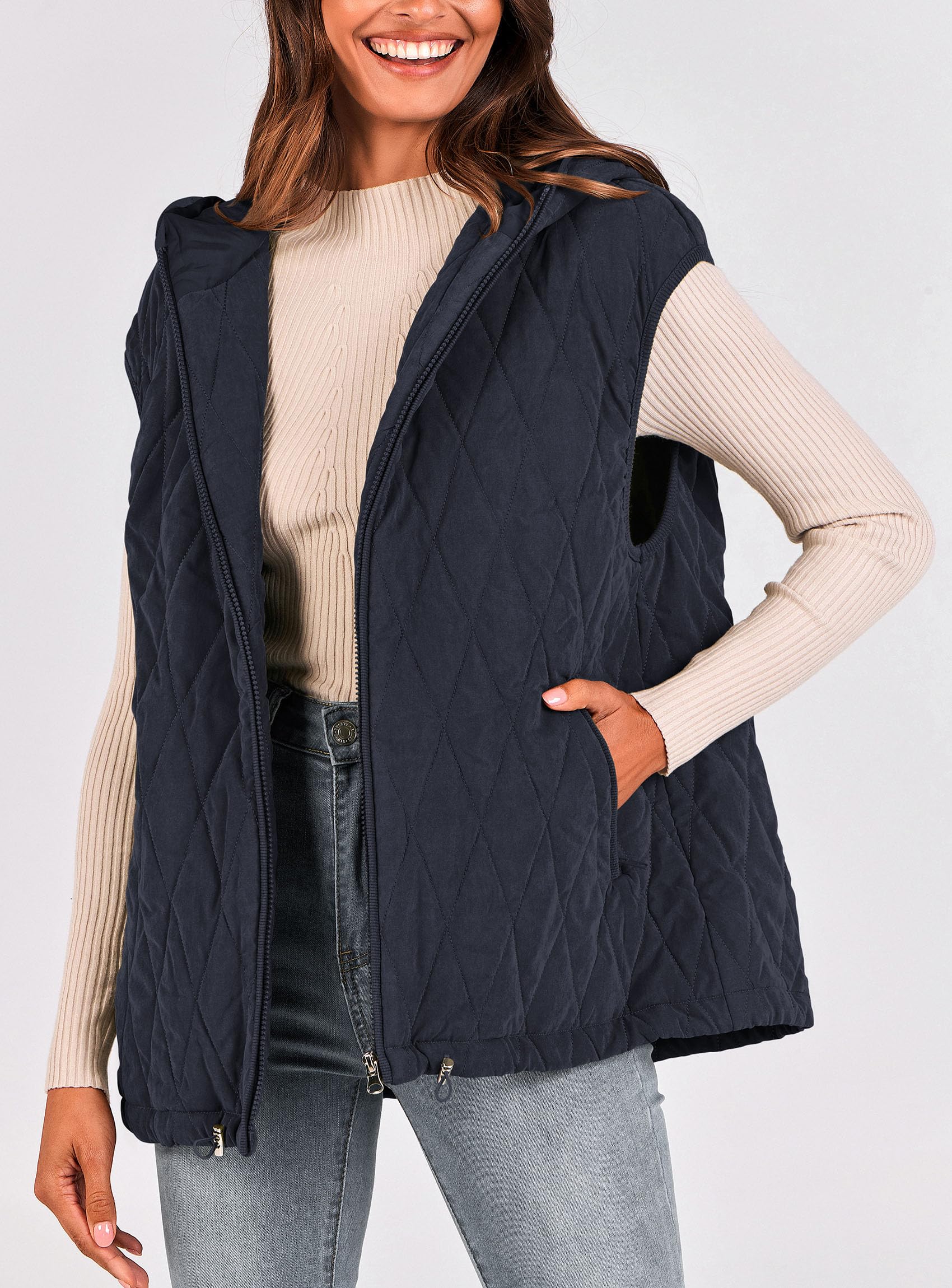 Women's Fall Fashion Vest Zip Up Jacket(Navy,Small)