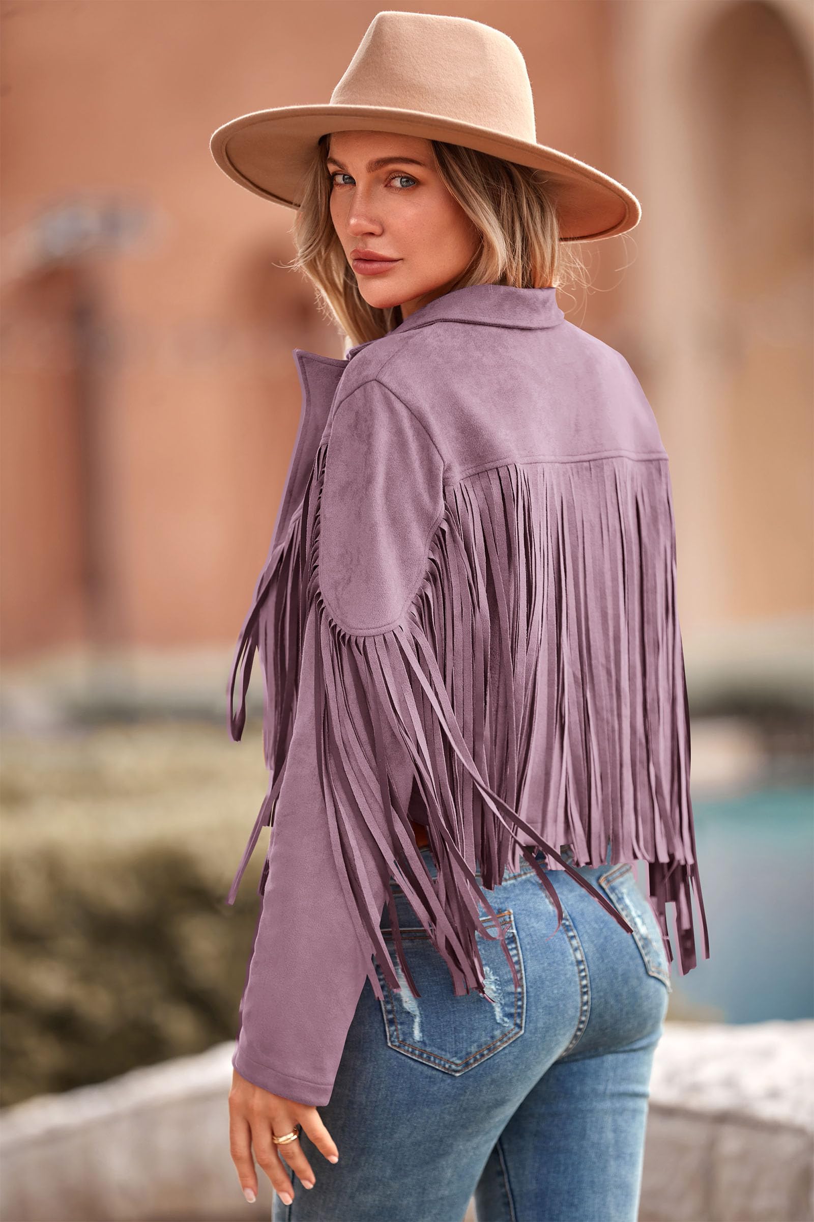 Women's Fringe Faux Suede Leather Jackets,Purple,S