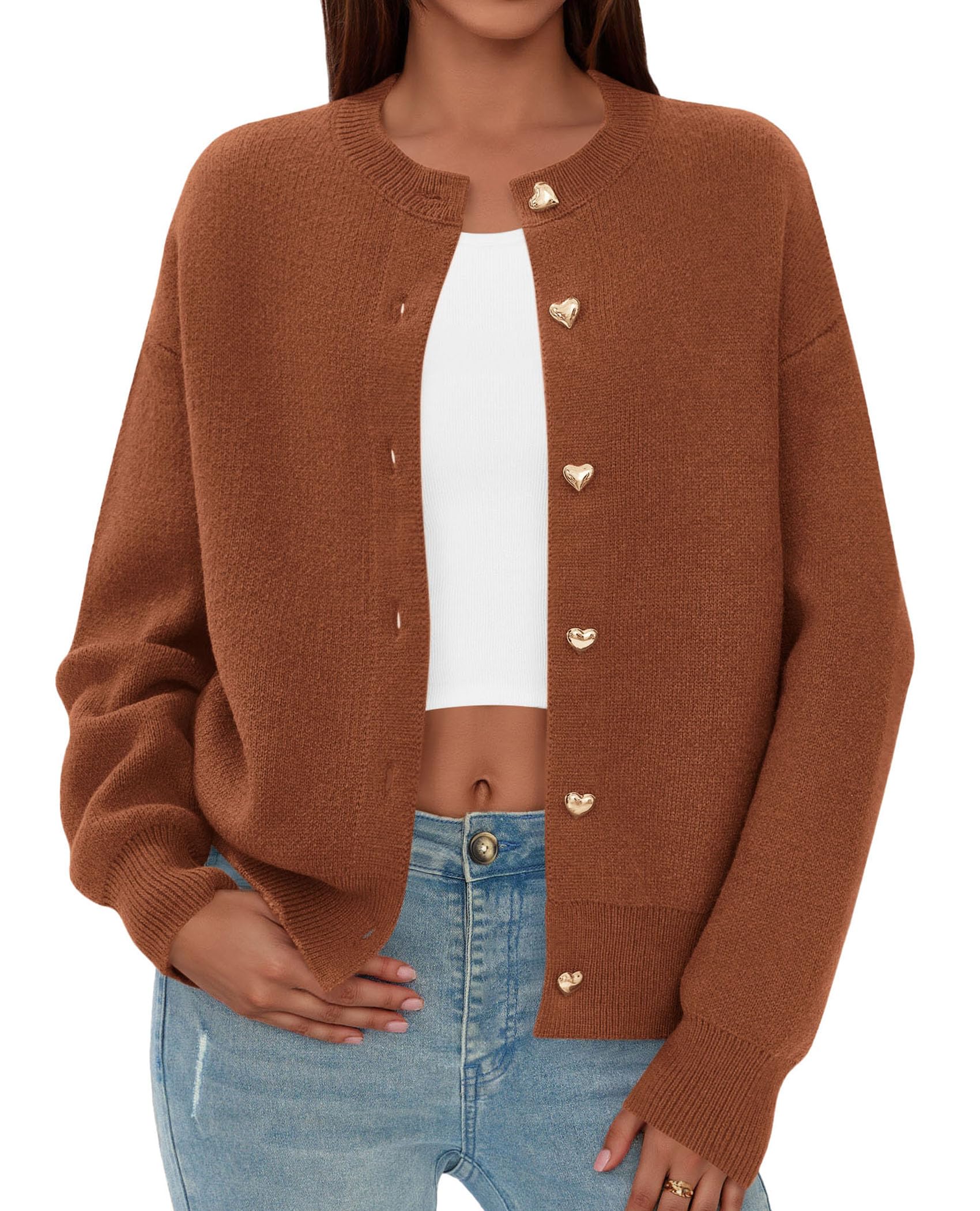 Women's Long Sleeve Button Up Cardigan,Red Brown,S