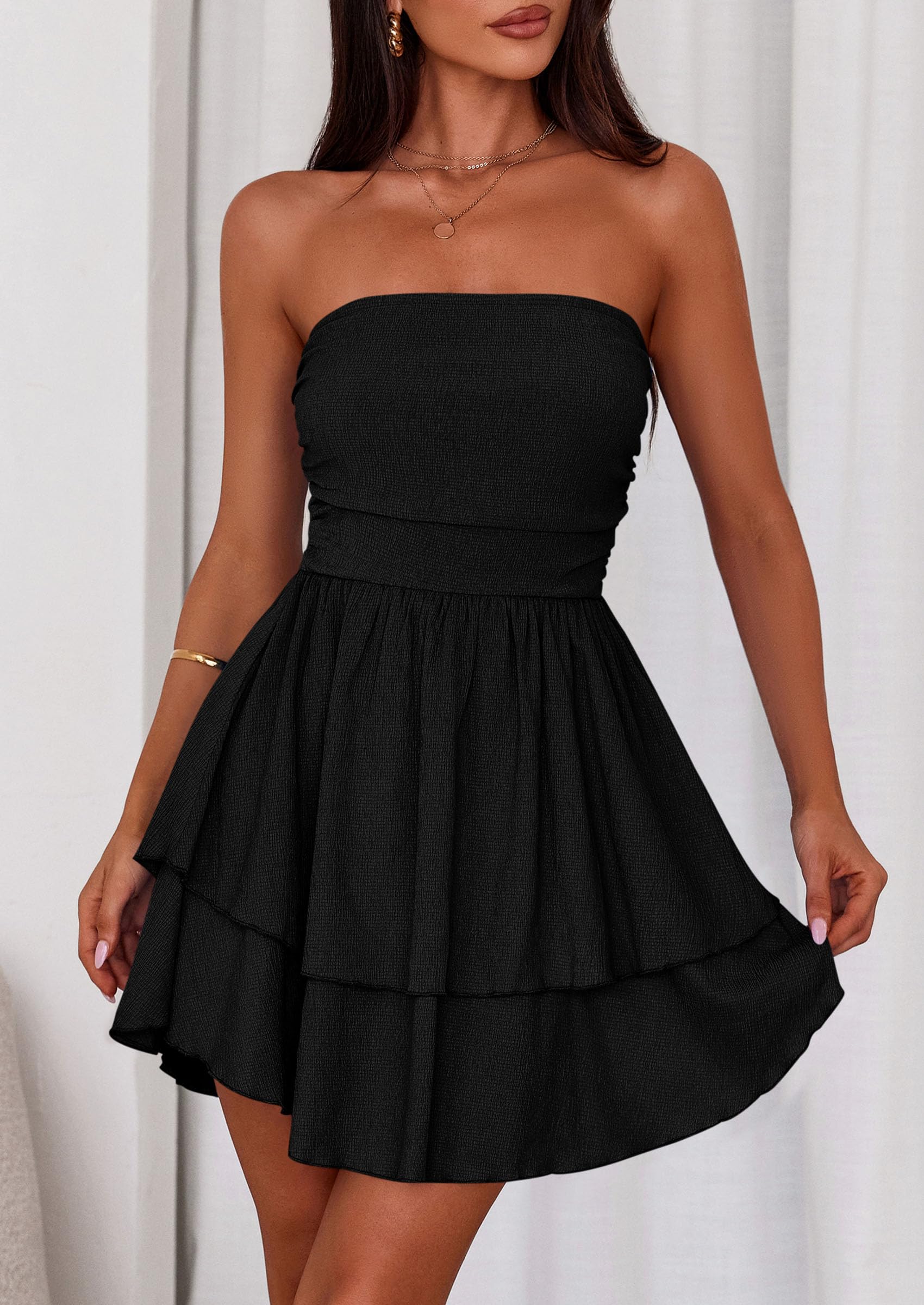 Women's Summer Strapless Flowy Mini Dresses (Black,S)