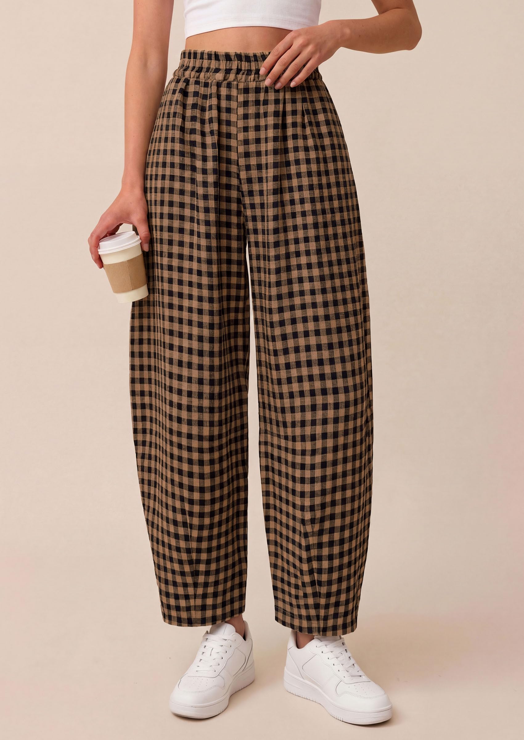 Plaid Barrel Pants Women Summer Bottoms, Black Khaki Plaid,S