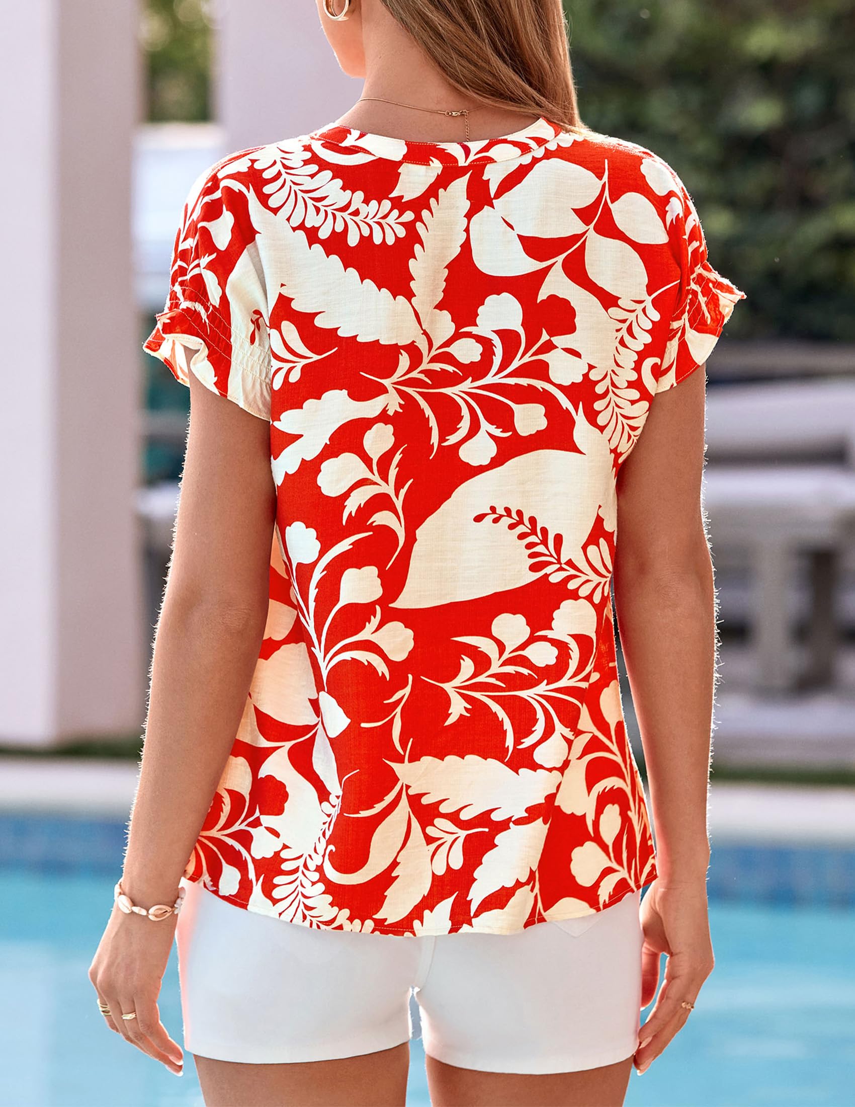Womens Floral Short Sleeve Blouses,Red,S