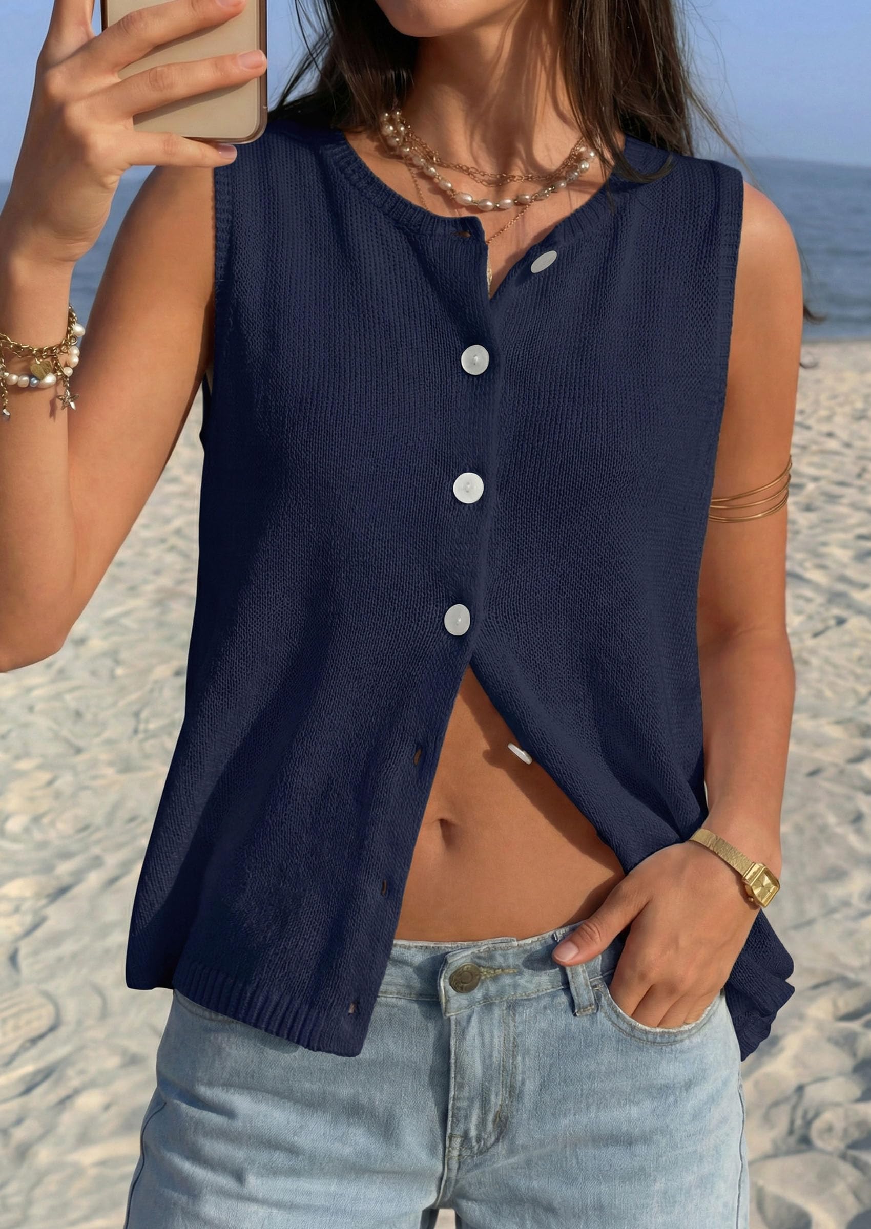 Women's Summer Button Up Sweater Vest Tops,Navy Blue,S