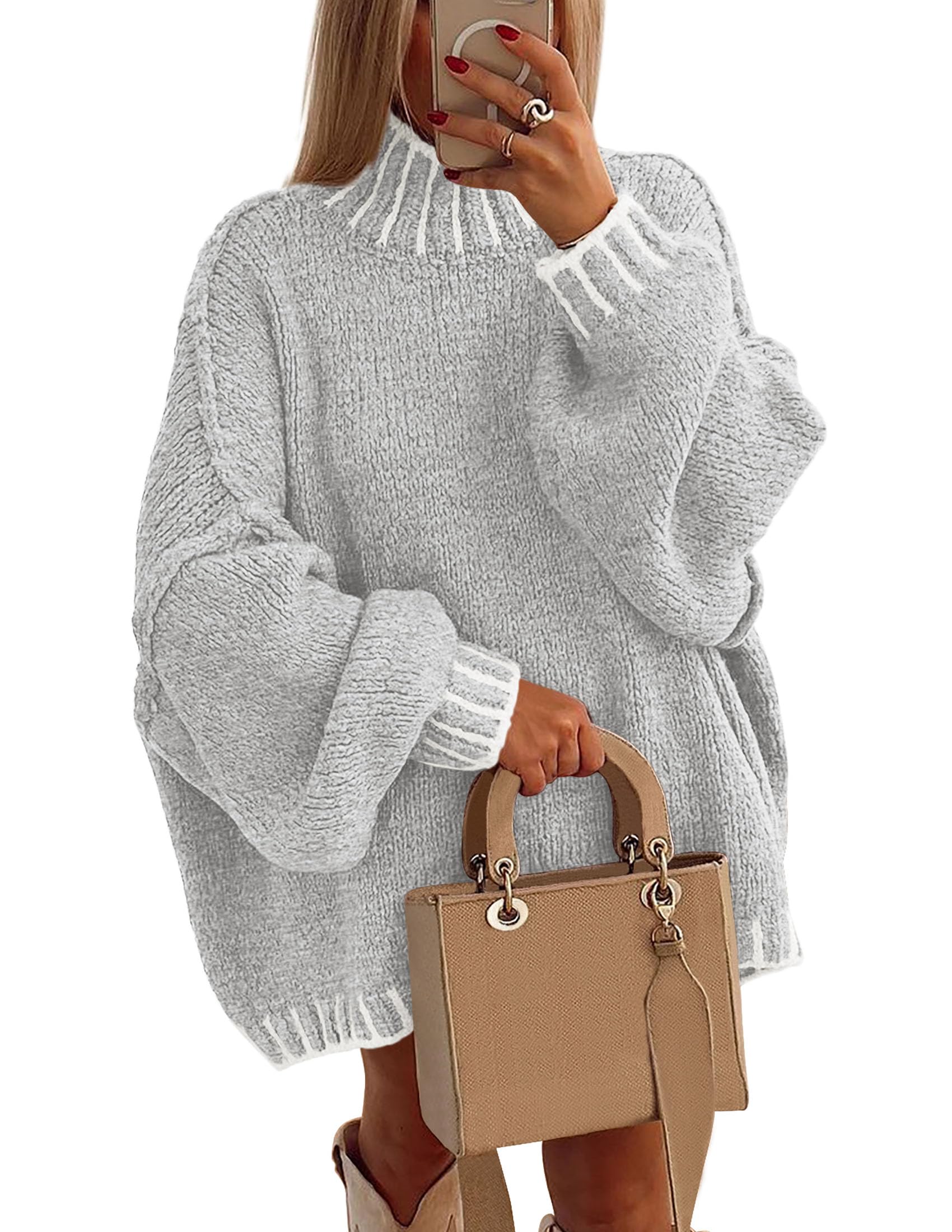Women's Mock Neck Oversized Pullover Sweaters,Light Grey,XS