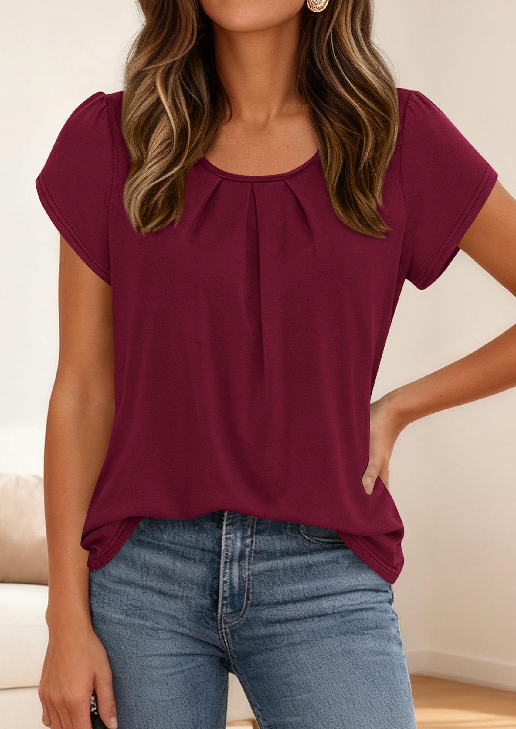 Women's Summer Short Sleeve Tops Casual Blouses,Burgundy,S