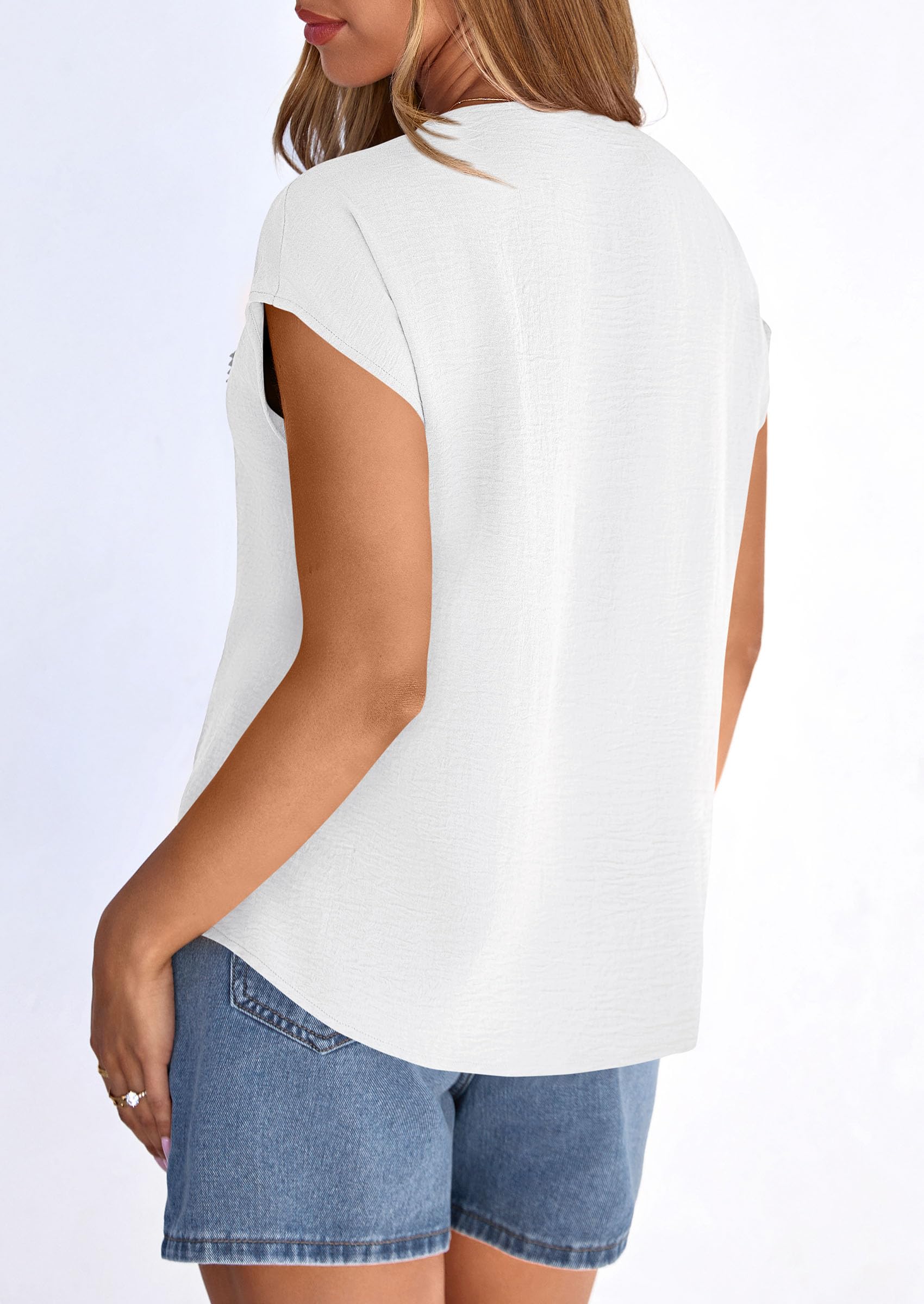Blouses for Women Dressy Casual Spring 2026 Cap Sleeve V Neck Lace Trim Boho Tops Work Shirts Summer Clothes (White,Small)