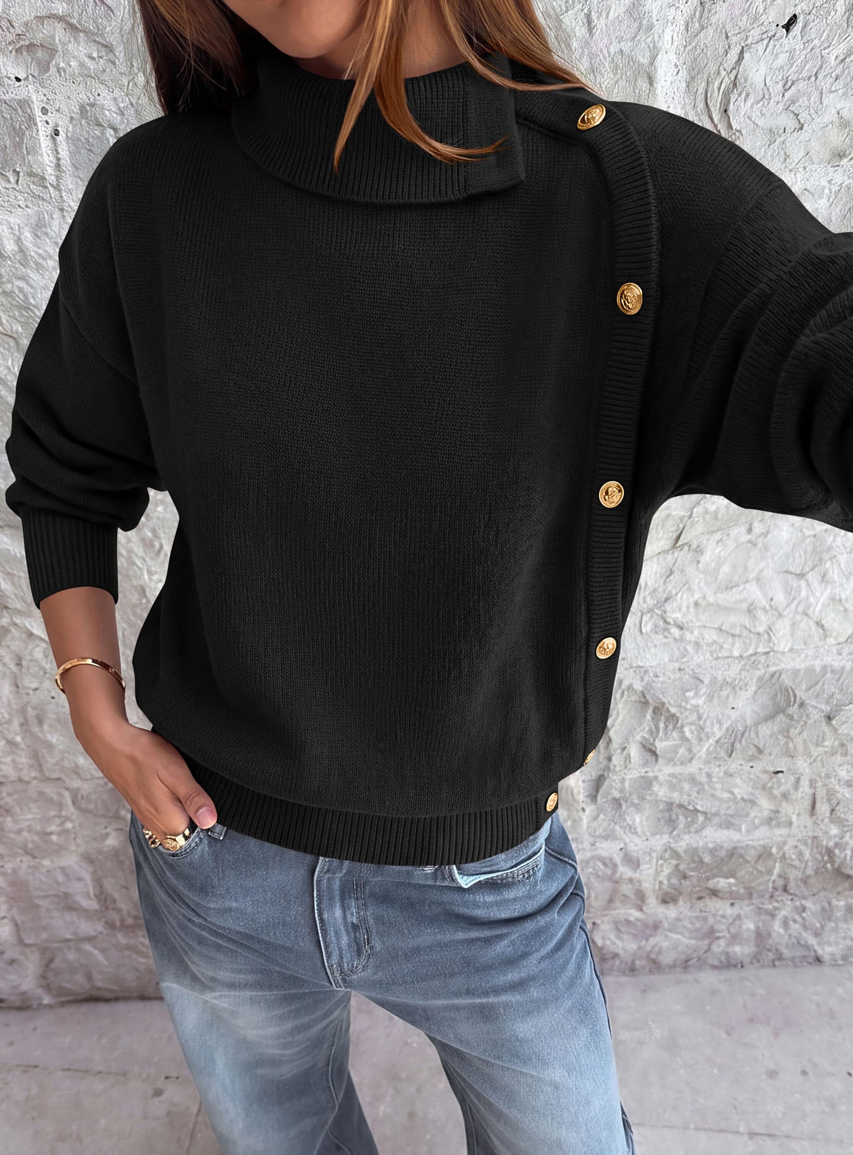Womens Turtleneck Sweater Pullover Side Button Fall Clothes
