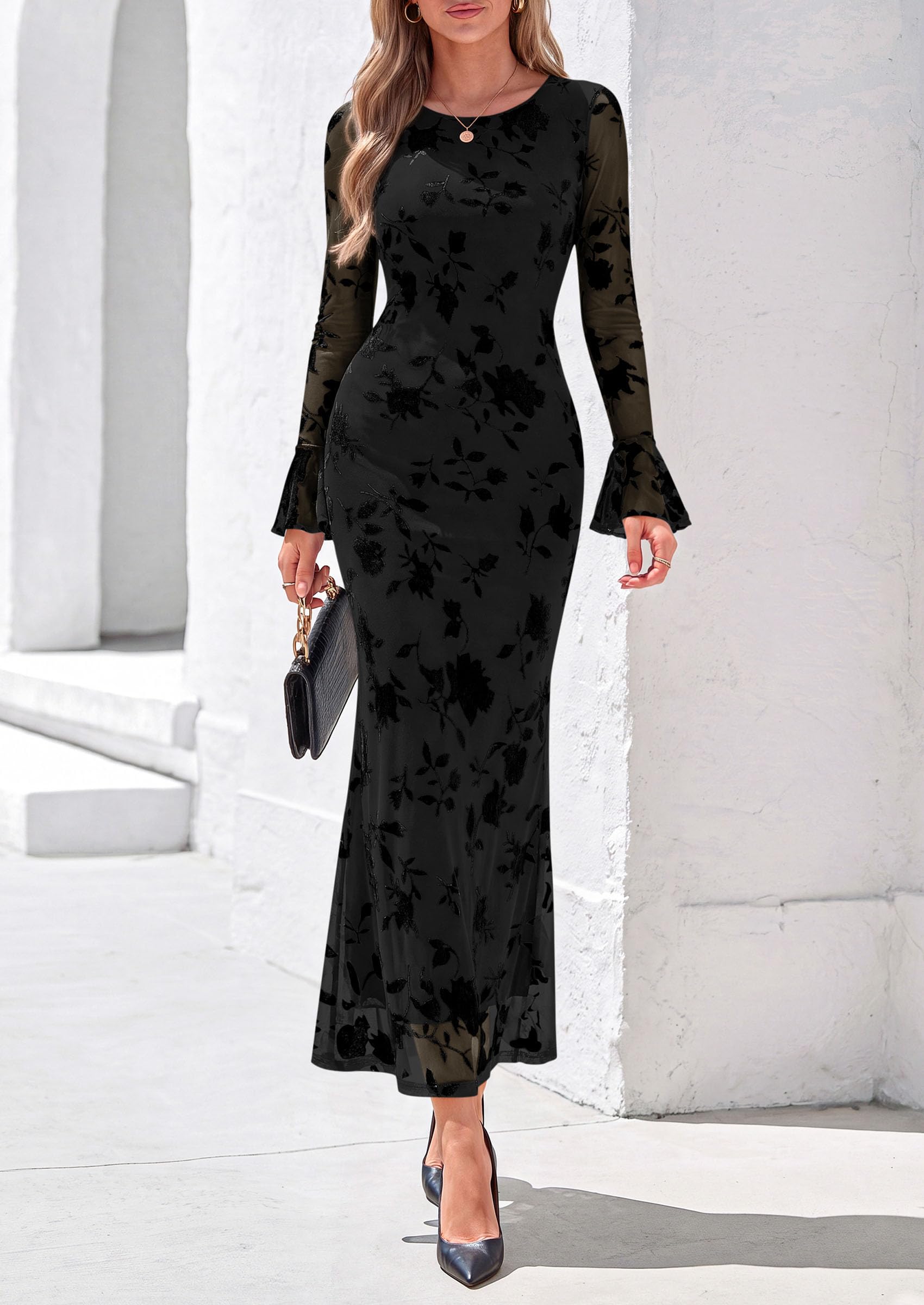 Women's Long Sleeve Maxi Floral Mesh Fall Wedding Guest Dress