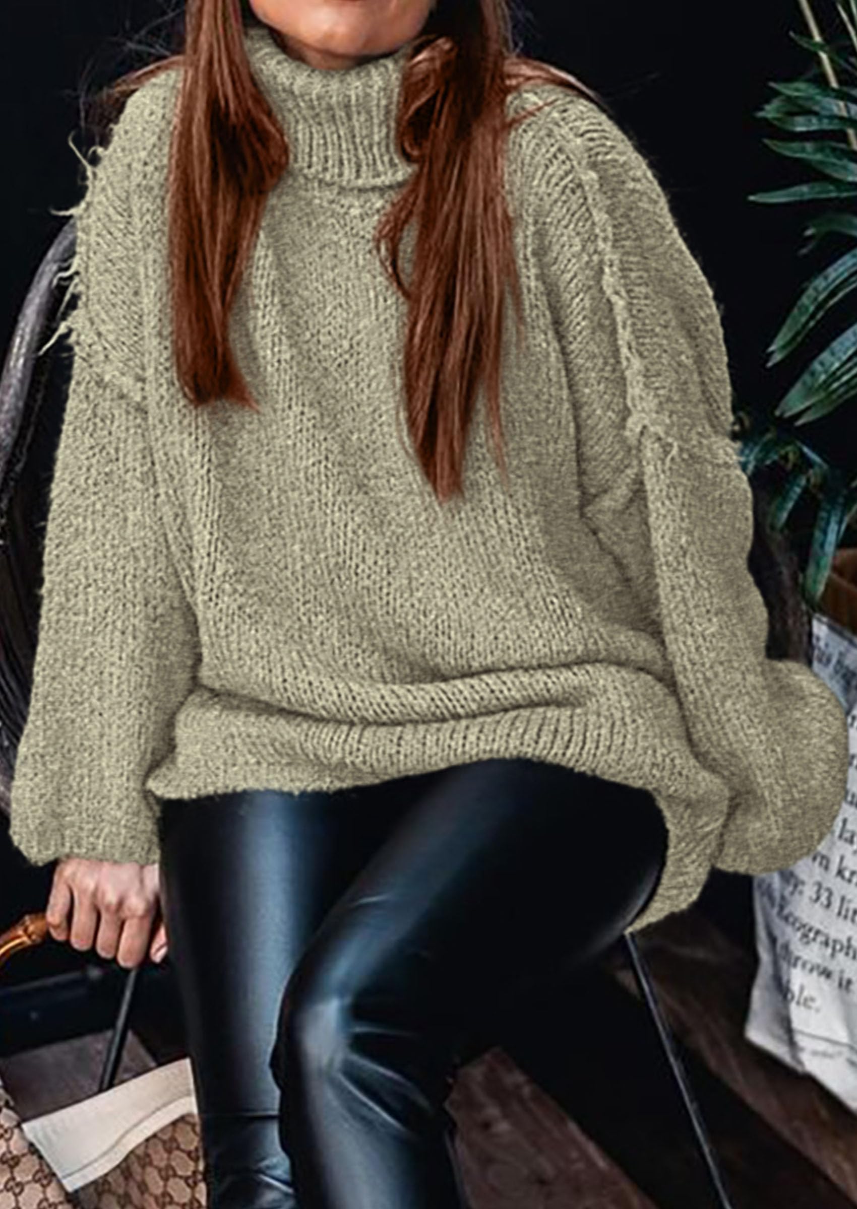 Womens Turtleneck Long Sleeve Oversized Sweaters,Light Green,S