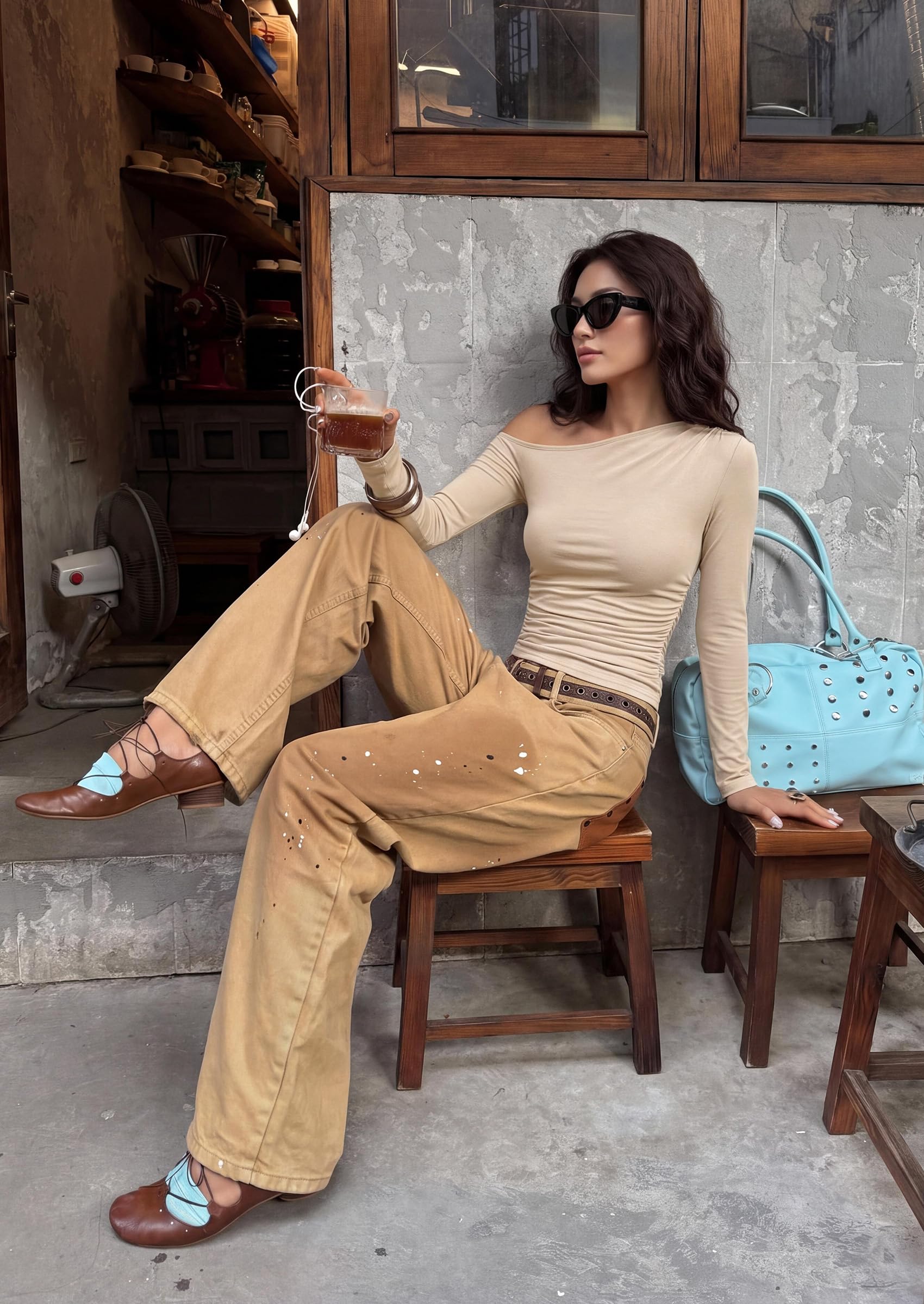 Womens Off The Shoulder Tops Long Sleeve Shirts,Beige,S