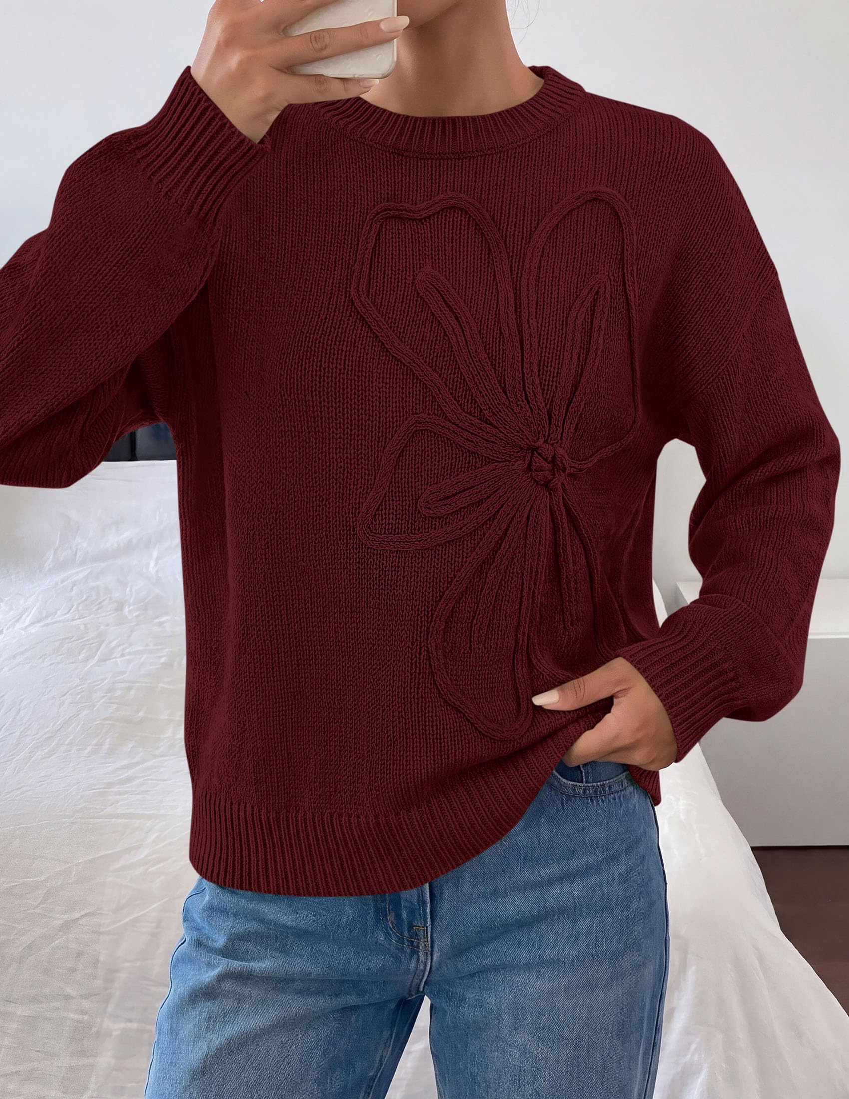 Women's Oversized 3D Floral Knit Sweater,Dark Brown,S