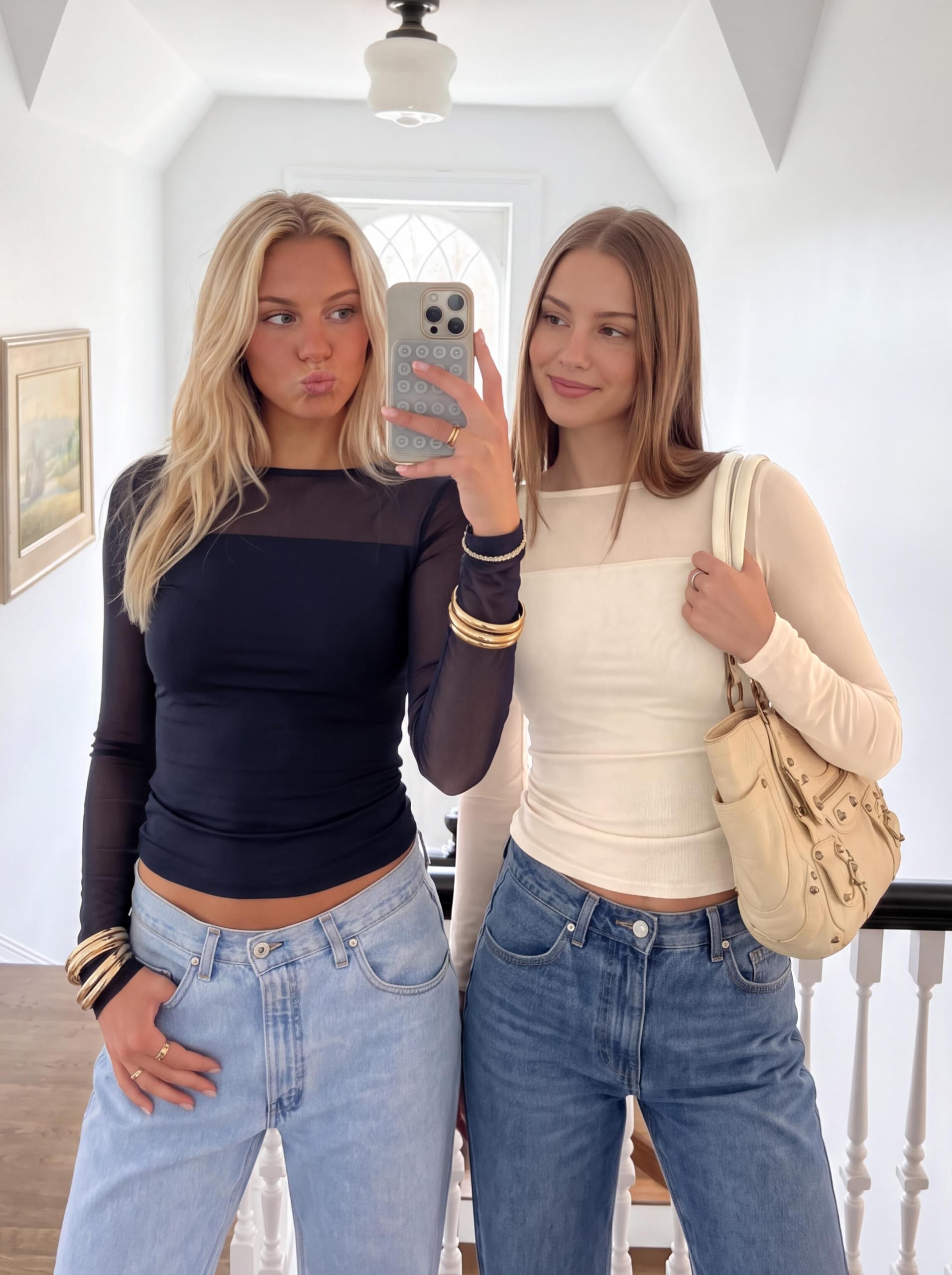 Women's Sheer Mesh Long Sleeve Going Out Tops (Apricot,S)