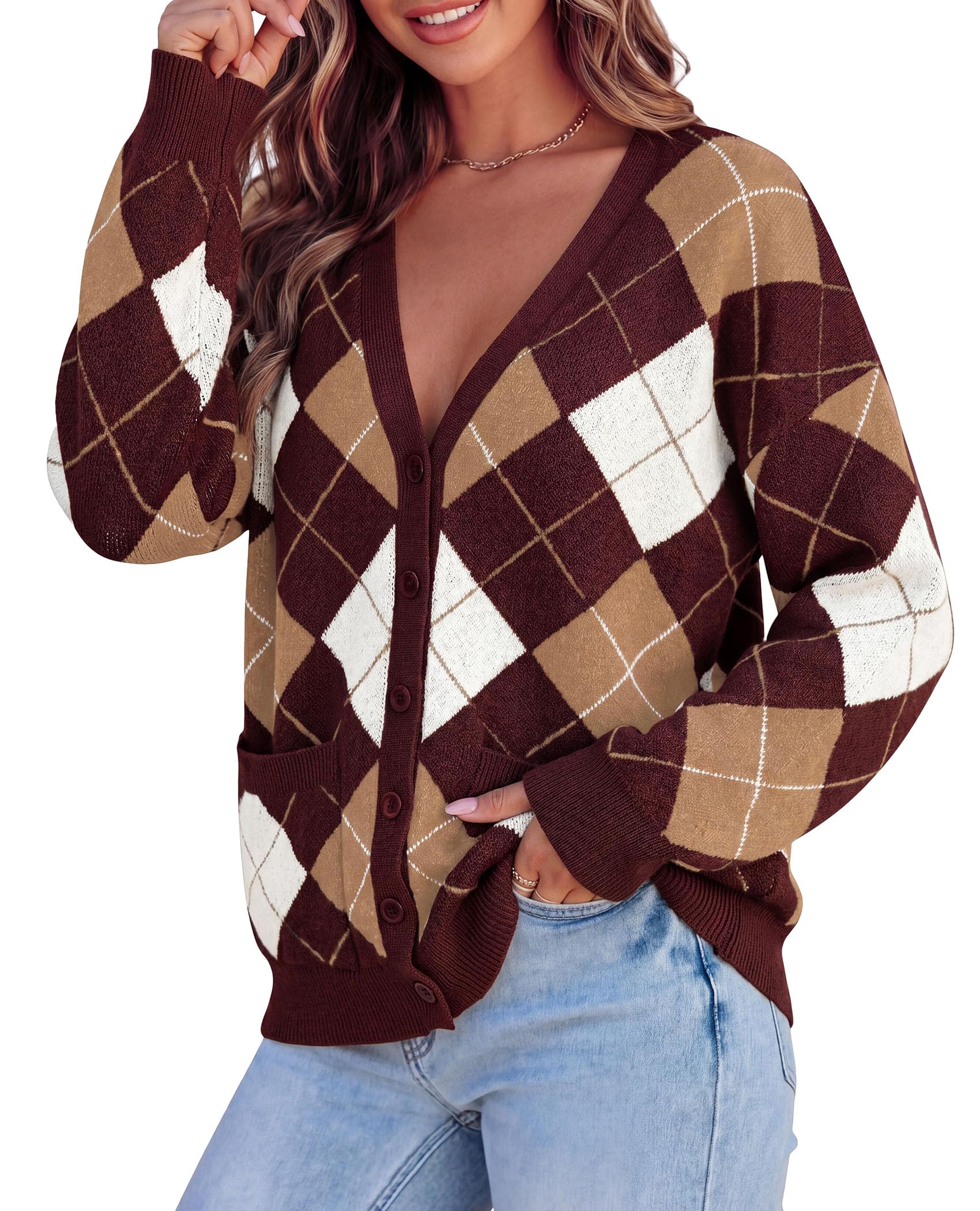 Women's Cardigan Argyle Winter Sweaters (Plaid Wine Red,S)