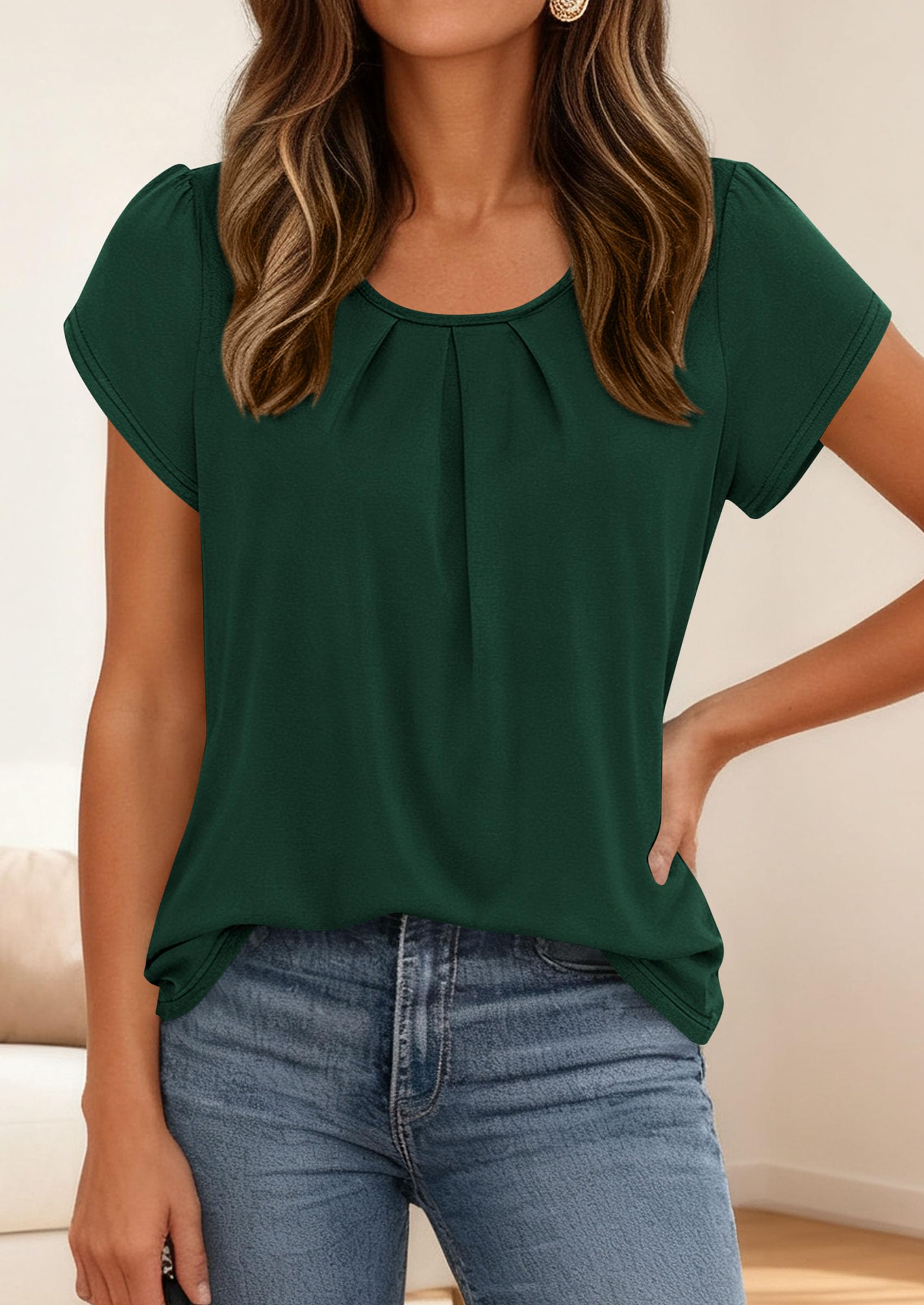 Women's Summer Short Sleeve Tops Casual Blouses,Dark Green,S