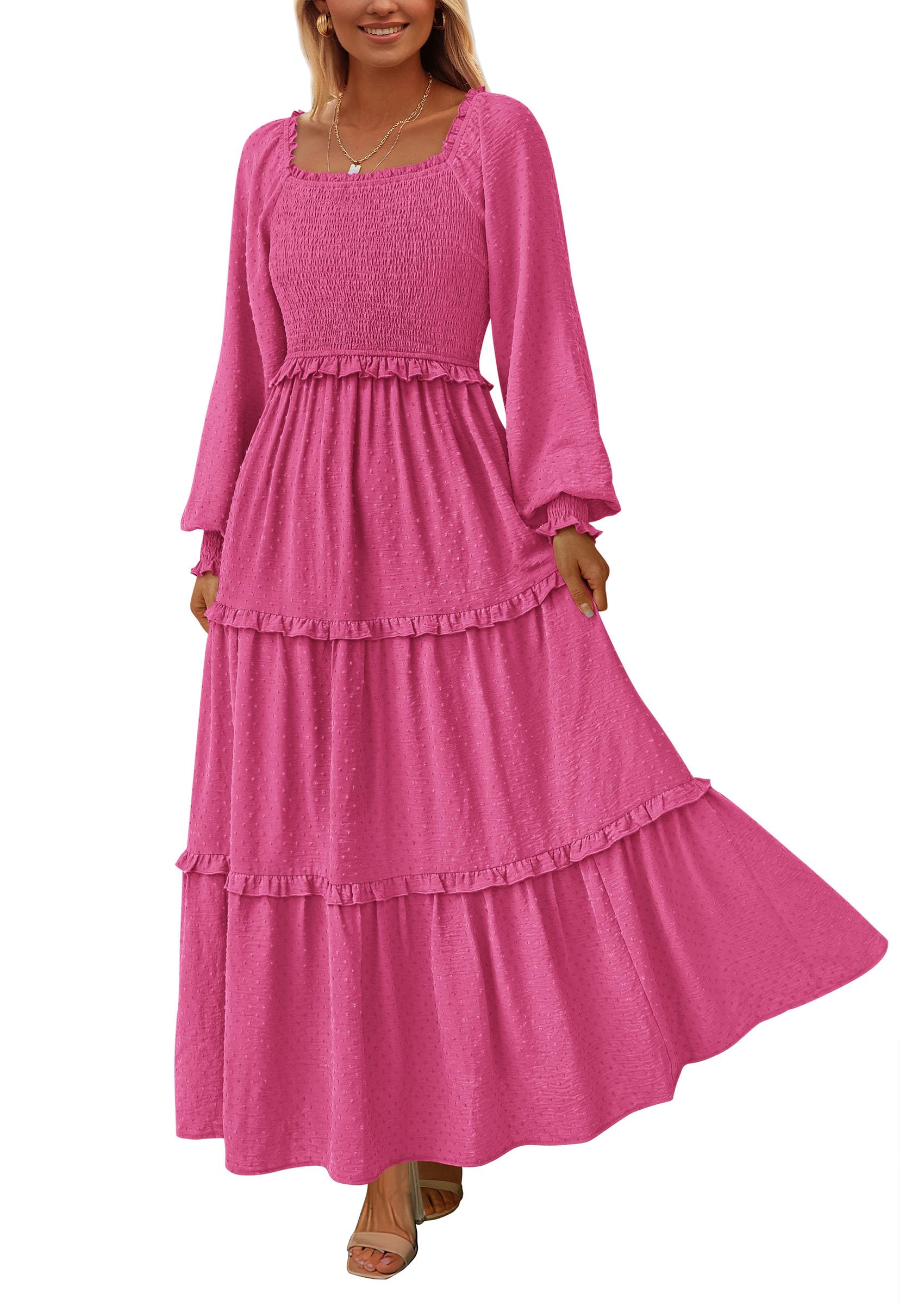 Women's Smocked Long Sleeve Maxi Dress Wedding Guest Dresses