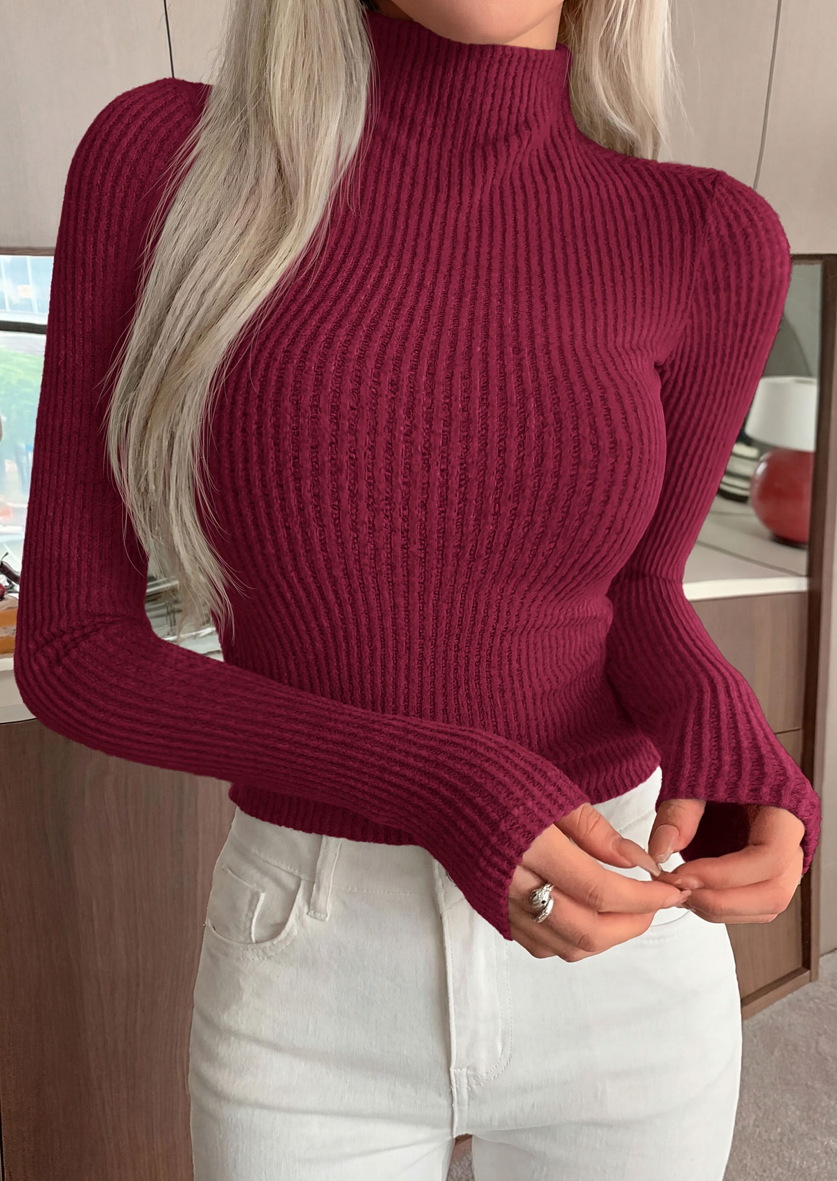 Long Sleeve Shirts for Women Fall Ribbed Mock Turtleneck Tops