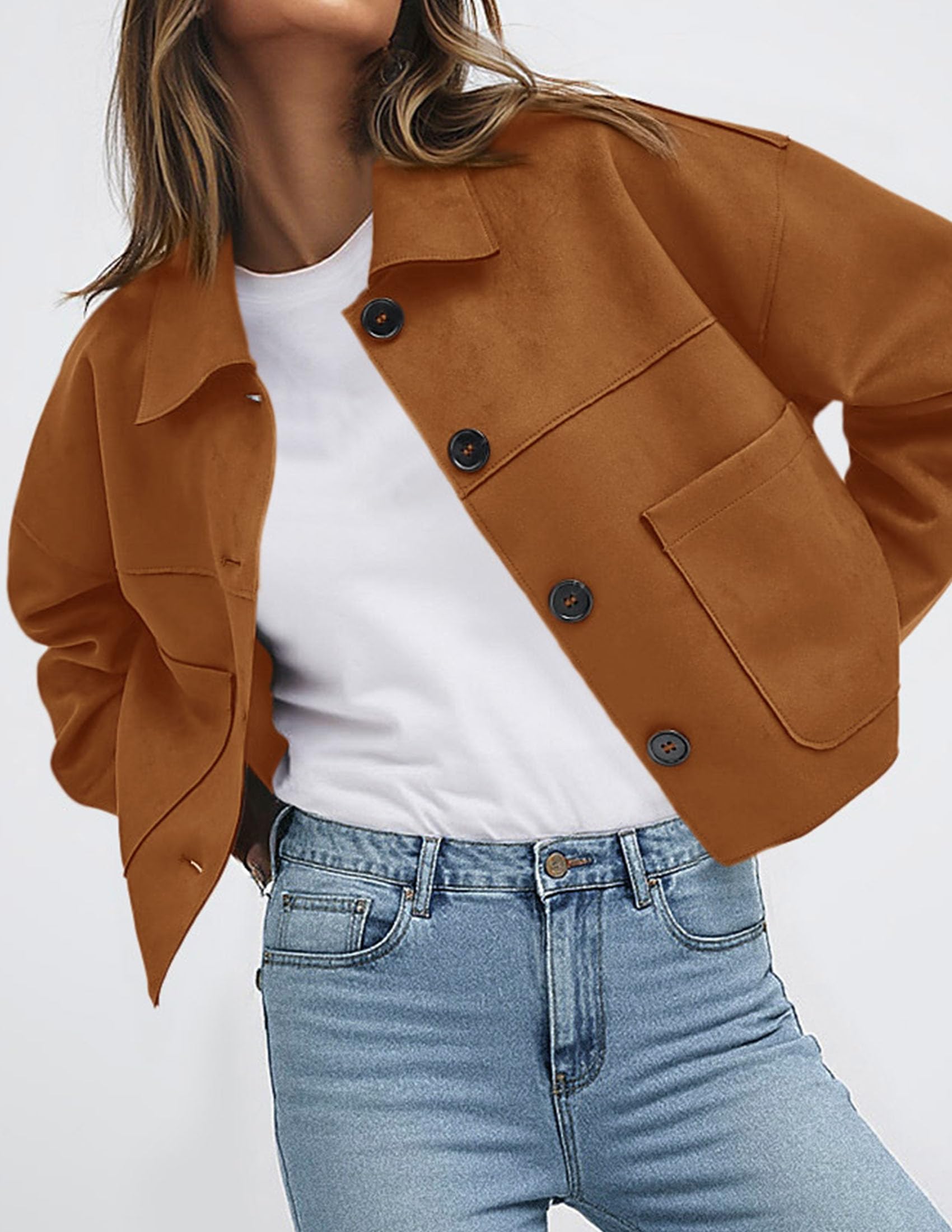 Women's Faux Suede Shacket Jackets Lightweight Cropped Coats