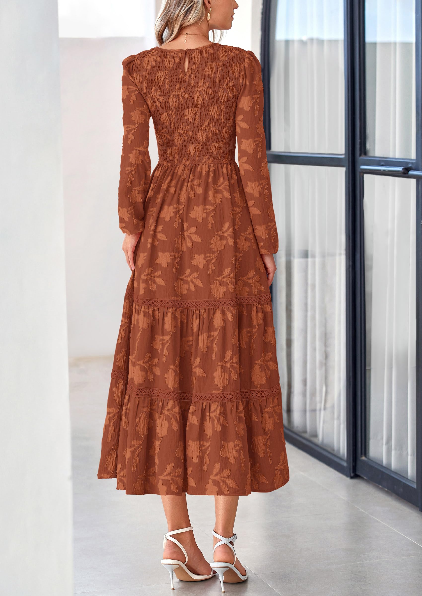 Women's Long Sleeve Boho Floral Midi Dress, Brick Red,S