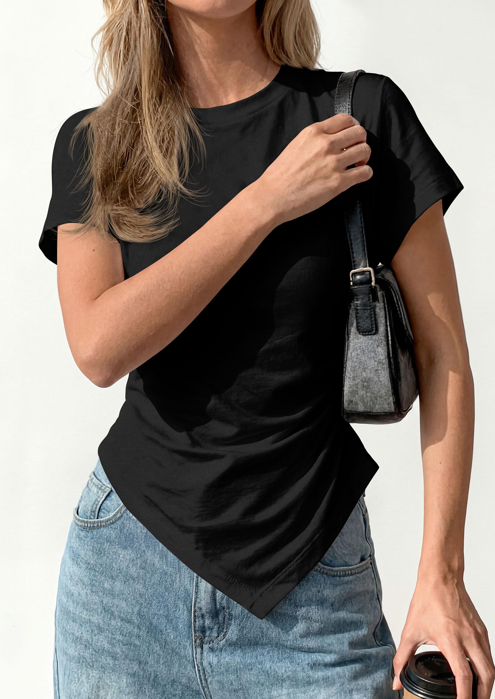 Womens Asymmetrical Summer Short Sleeve Tops,Black,XS
