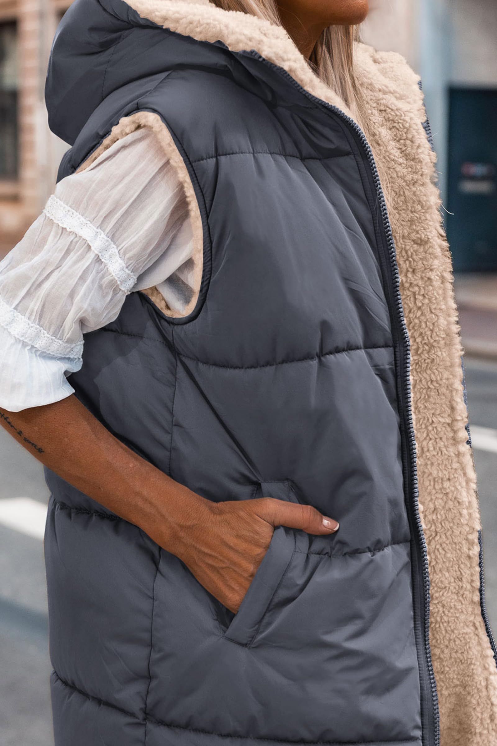 Women's Winter Reversible Fleece Long Vests(Grey Blue,S)