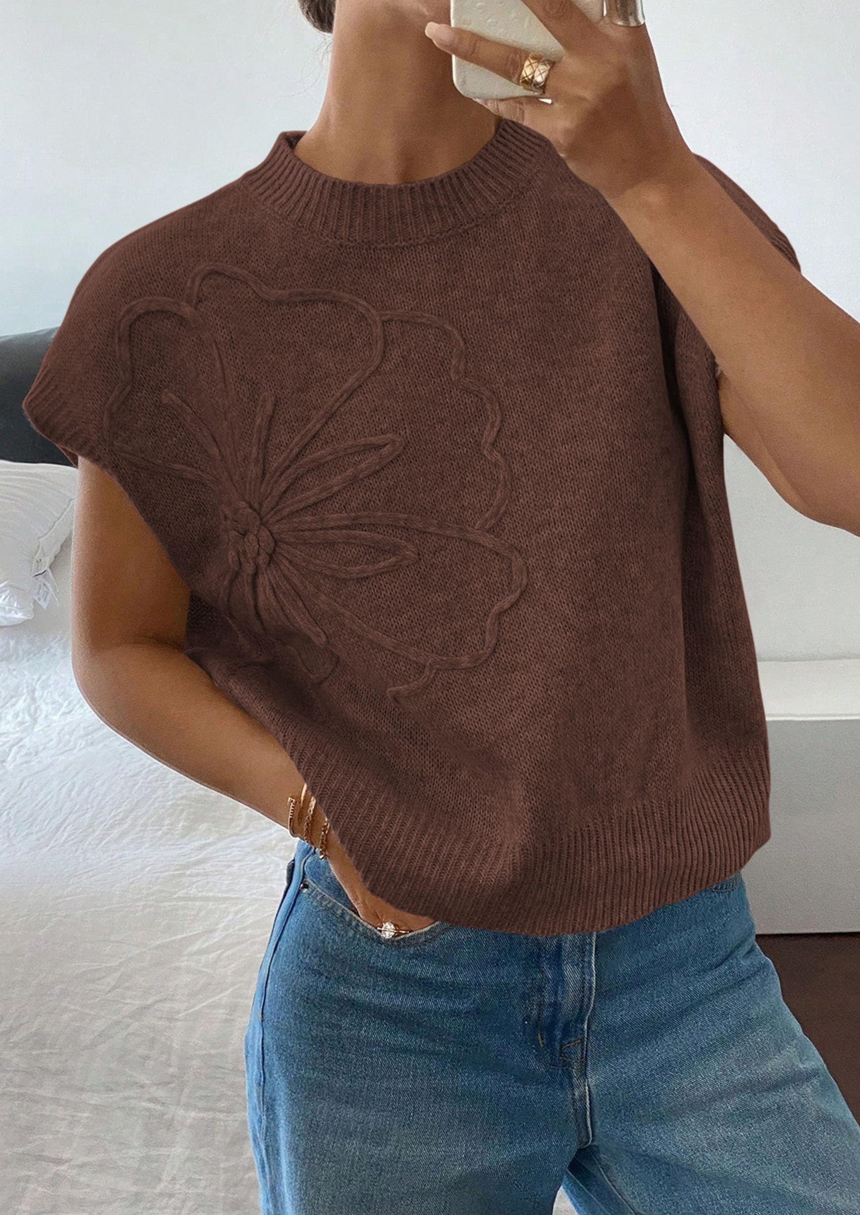 Women's Summer Short Cap Sleeve Sweater Vest (Brown,S)
