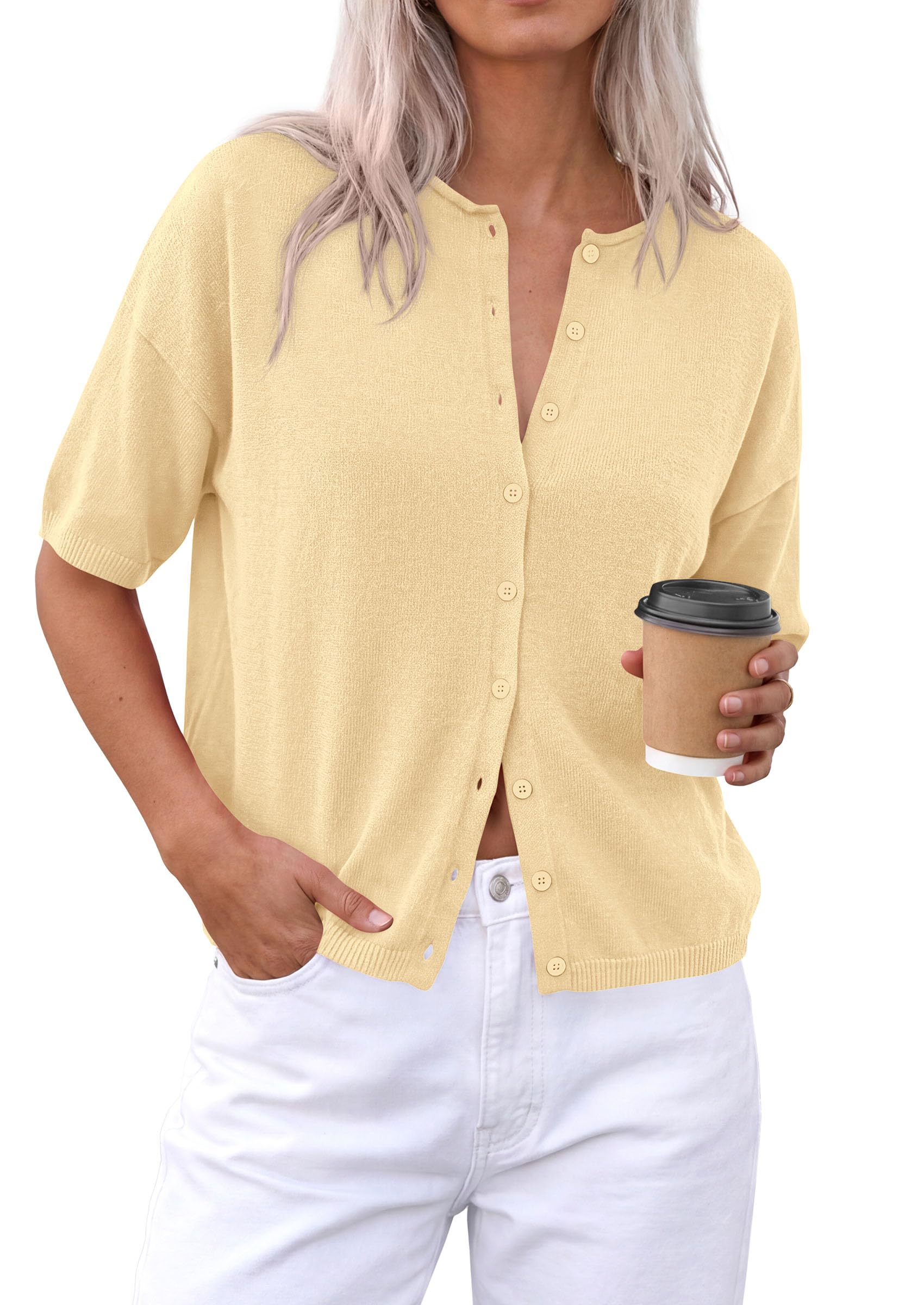 Women's Short Sleeve Cardigan Sweaters (Beige Yellow,Small)