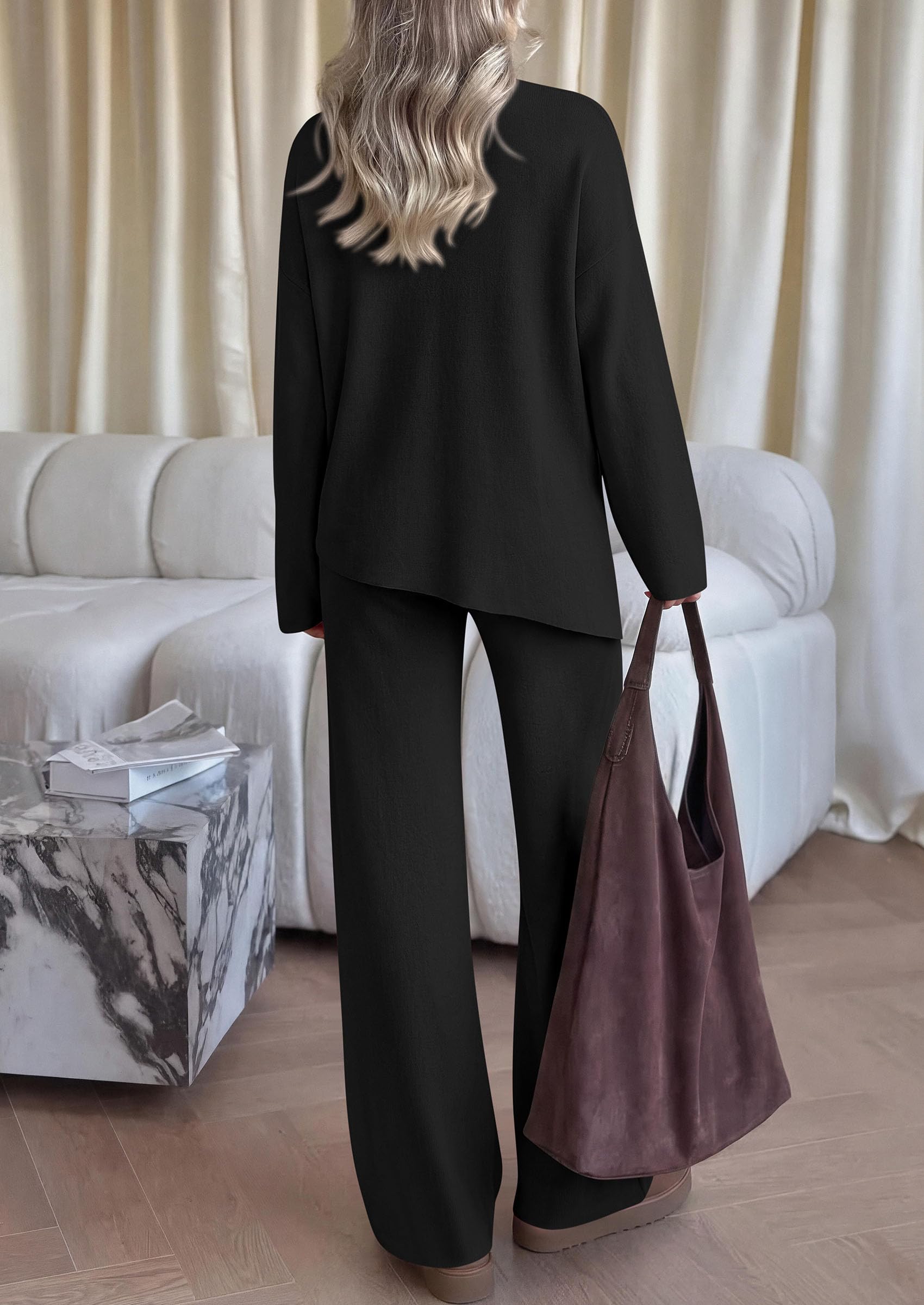 Womens Fall 2 Piece Asymmetric Cozy Sweater Travel Lounge Sets